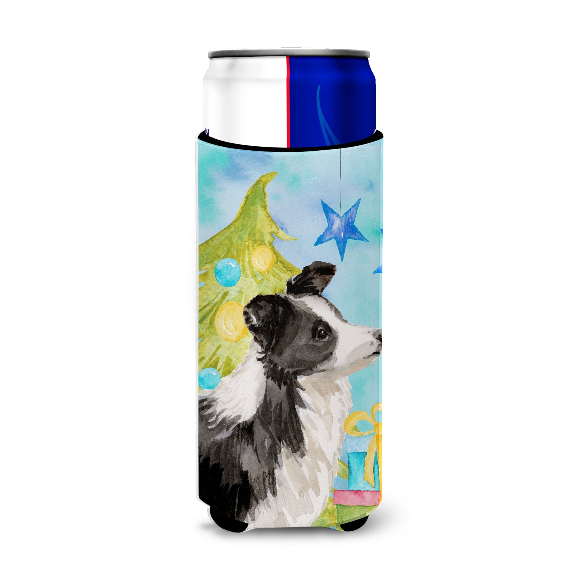 Caroline'S Treasures Border Collie Christmas Decorative Can Hugger, Slim, Multicolor