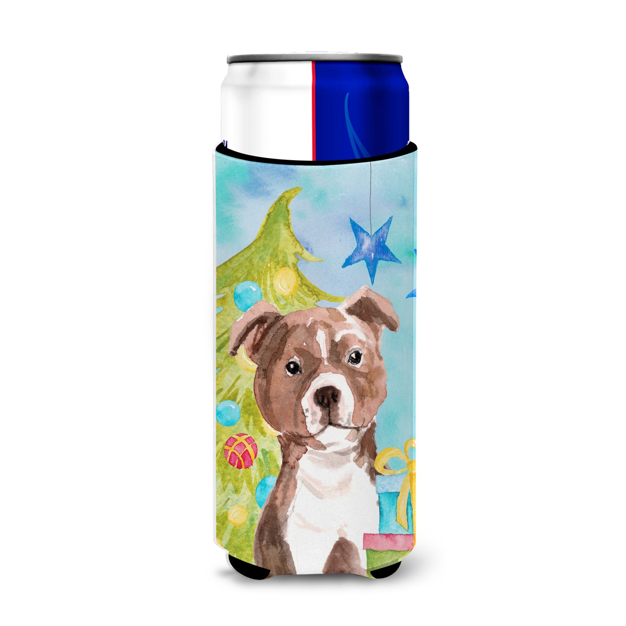 Caroline'S Treasures Red Staffie Bull Terrier Christmas Decorative Can Hugger, Slim, Multicolor