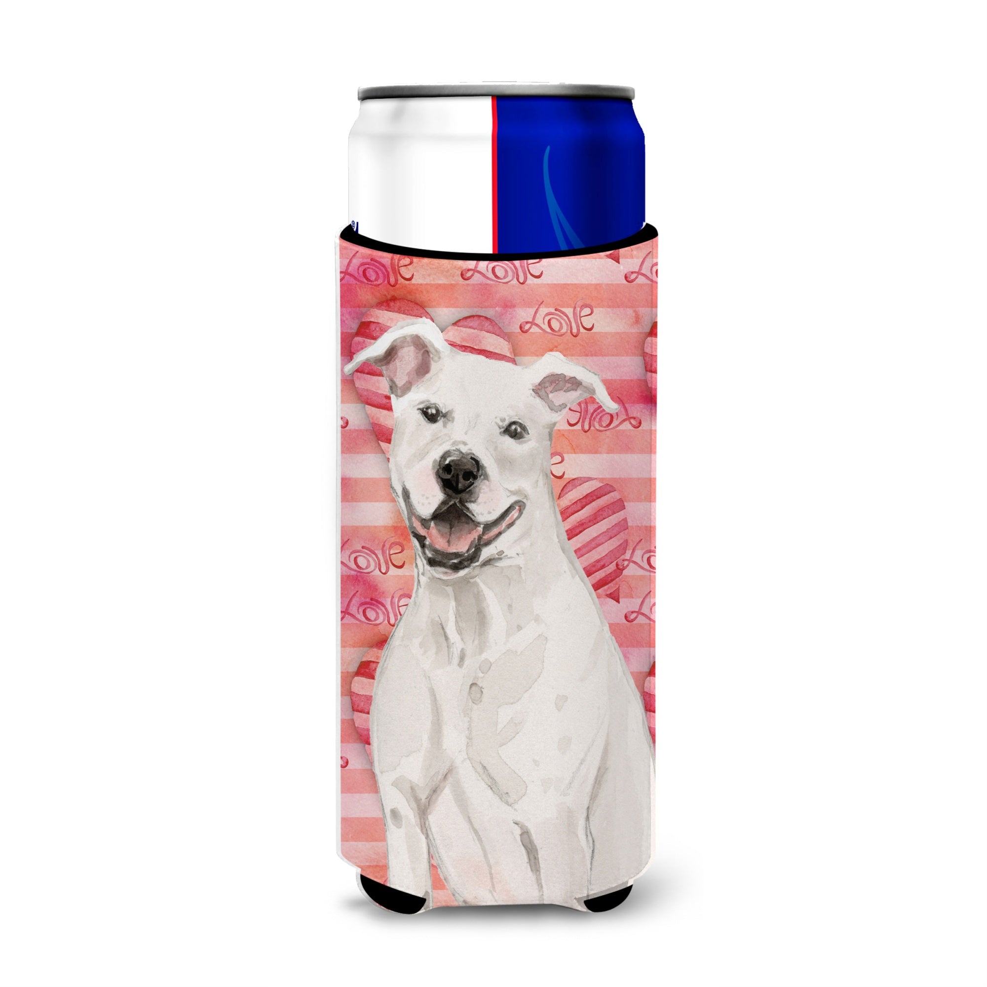 Caroline'S Treasures White Staffie Bull Terrier Love Decorative Can Hugger, Slim, Multicolor
