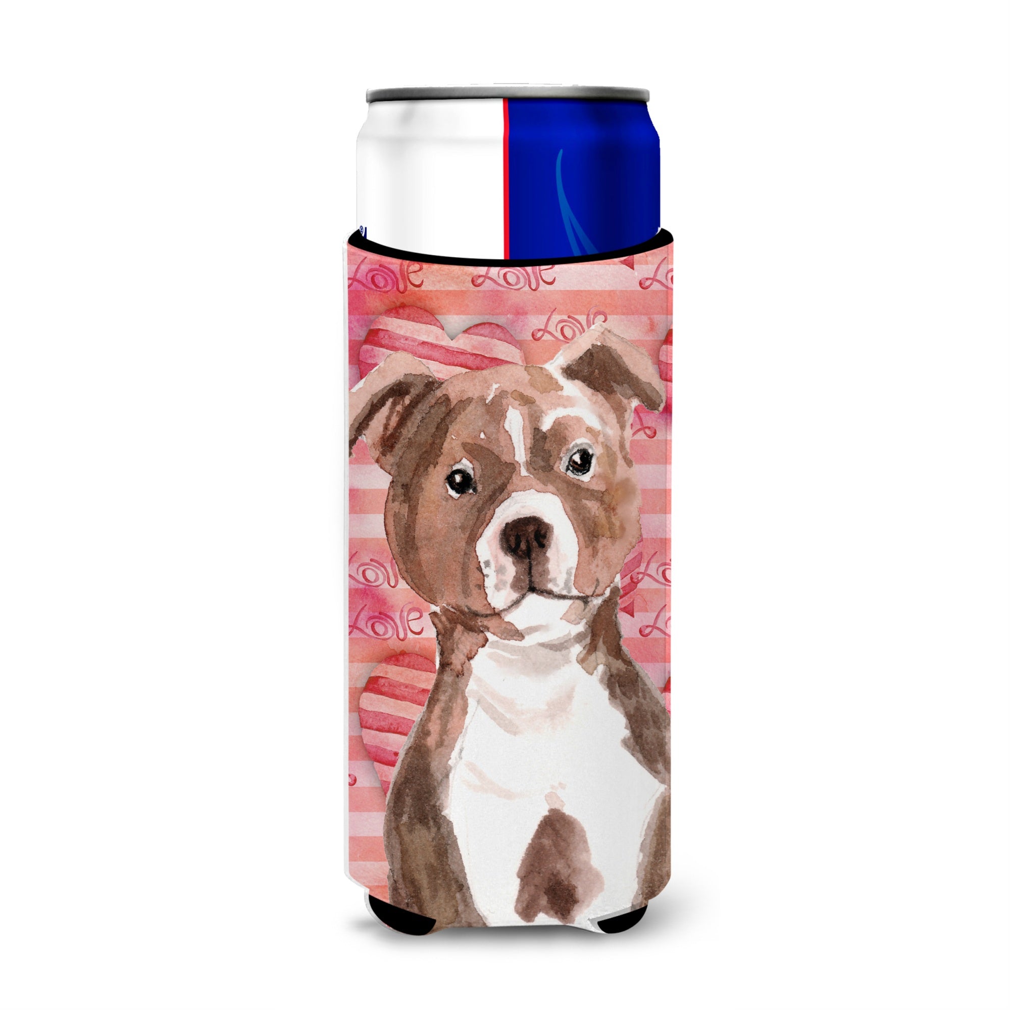 Caroline'S Treasures Red Staffie Bull Terrier Love Decorative Can Hugger, Slim, Multicolor