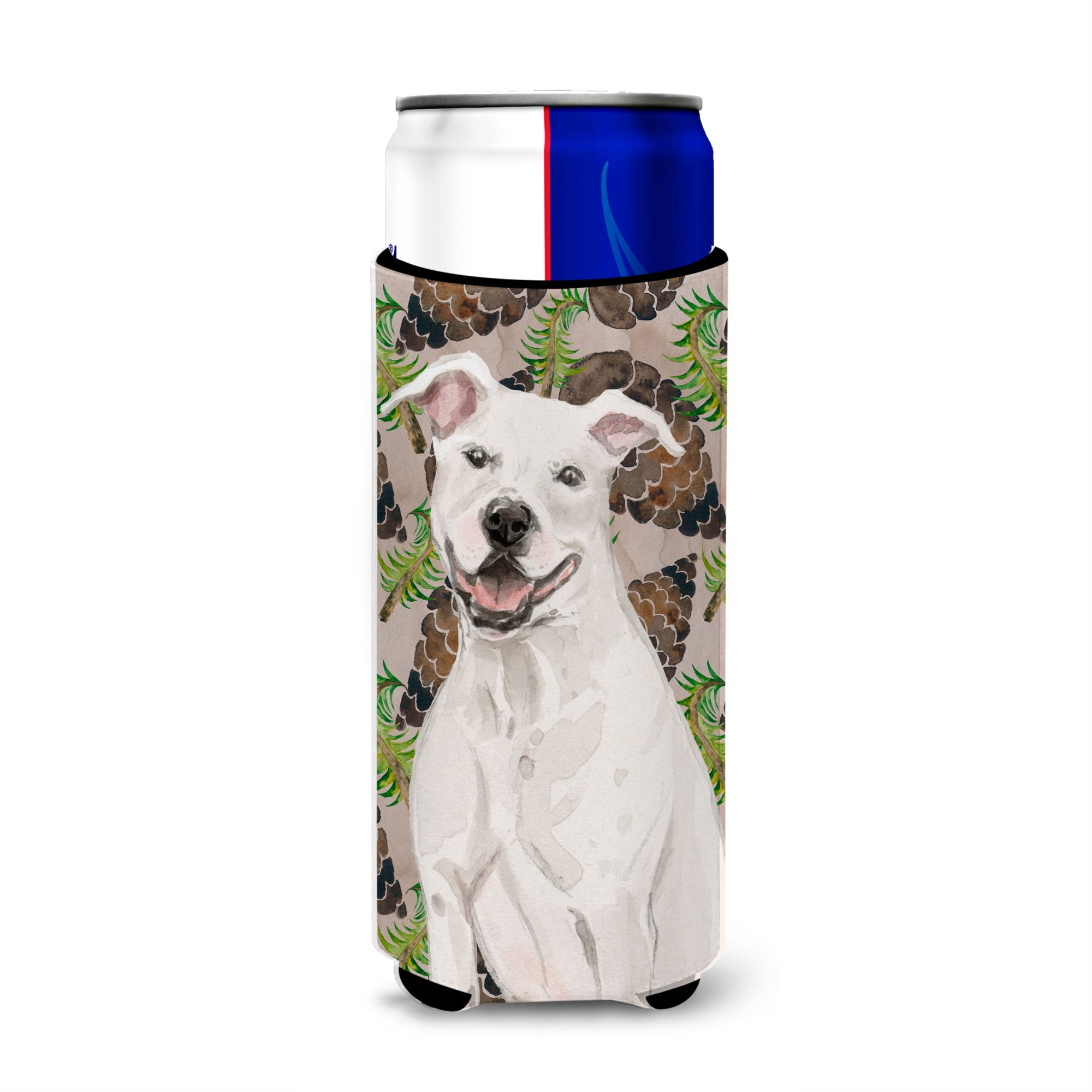 Caroline'S Treasures White Staffie Bull Terrier Pine Cones Decorative Can Hugger, Slim, Multicolor