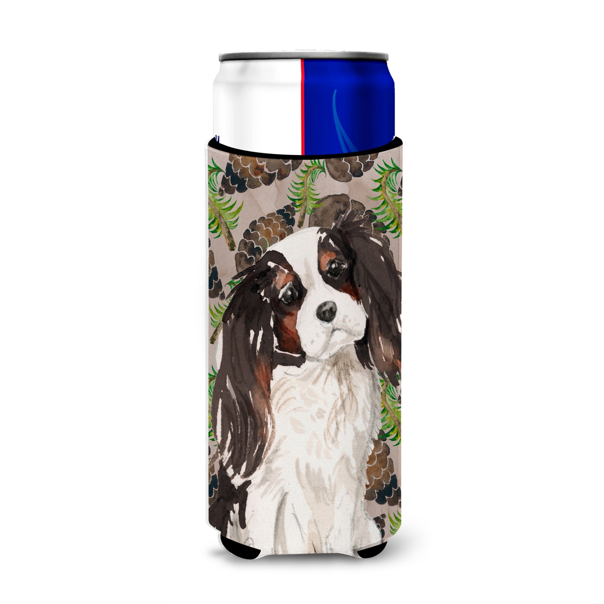 Caroline'S Treasures Tricolor Cavalier Spaniel Pine Cones Decorative Can Hugger, Slim, Multicolor
