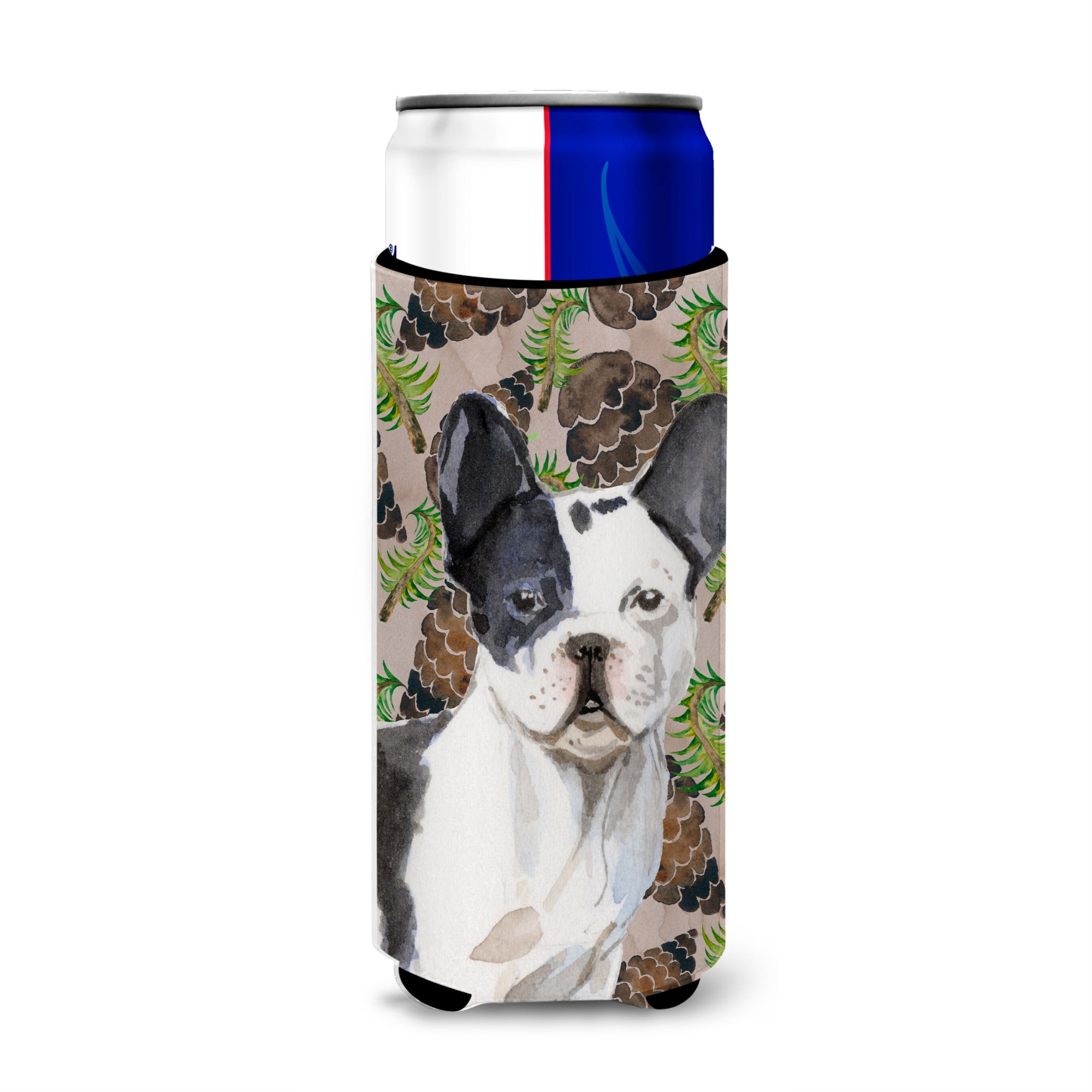 Caroline'S Treasures Black White French Bulldog Pine Cones Decorative Can Hugger, Slim, Multicolor