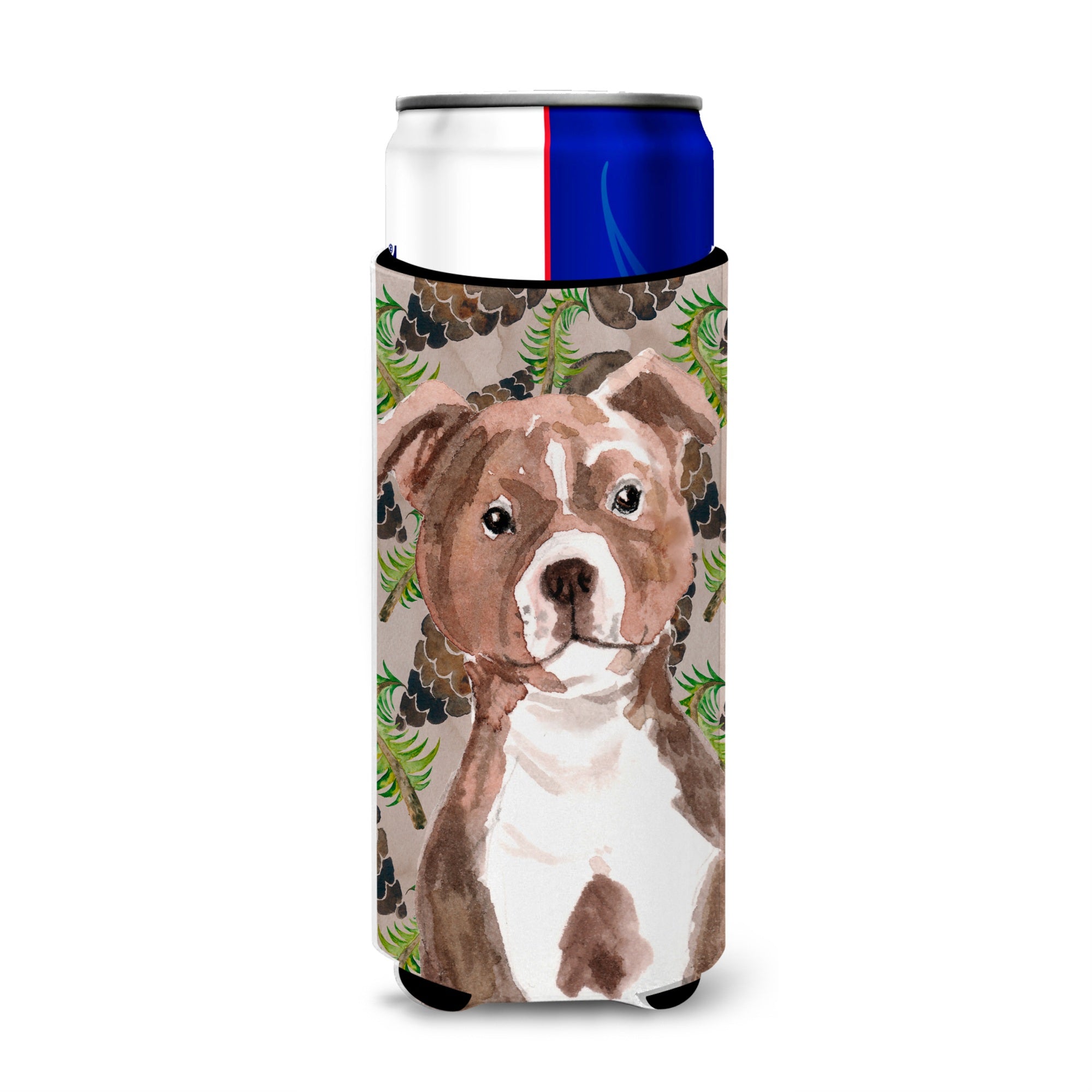 Caroline'S Treasures Red Staffie Bull Terrier Pine Cones Decorative Can Hugger, Slim, Multicolor