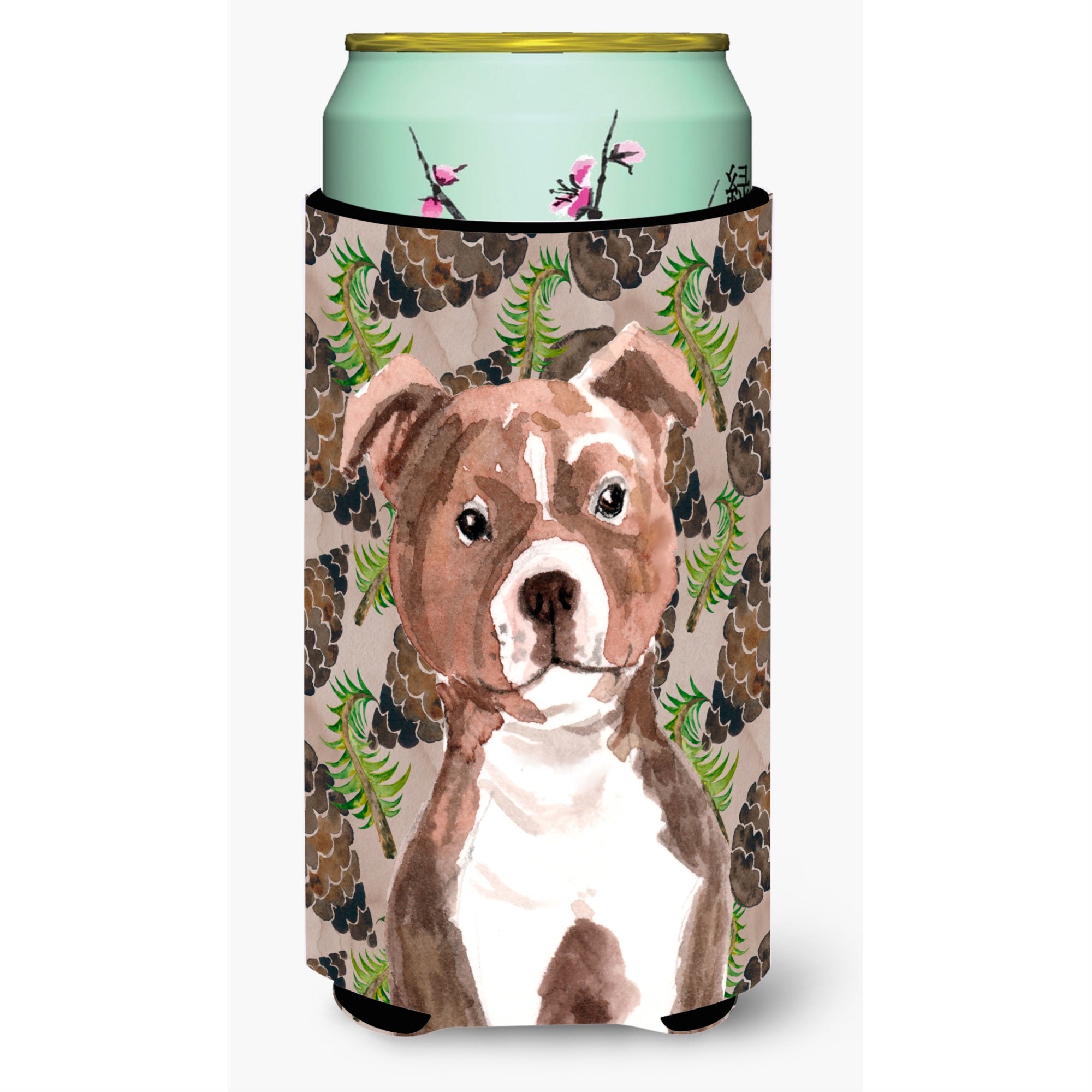 Caroline'S Treasures Red Staffie Bull Terrier Pine Cones Decorative Can Hugger, Tall, Multicolor