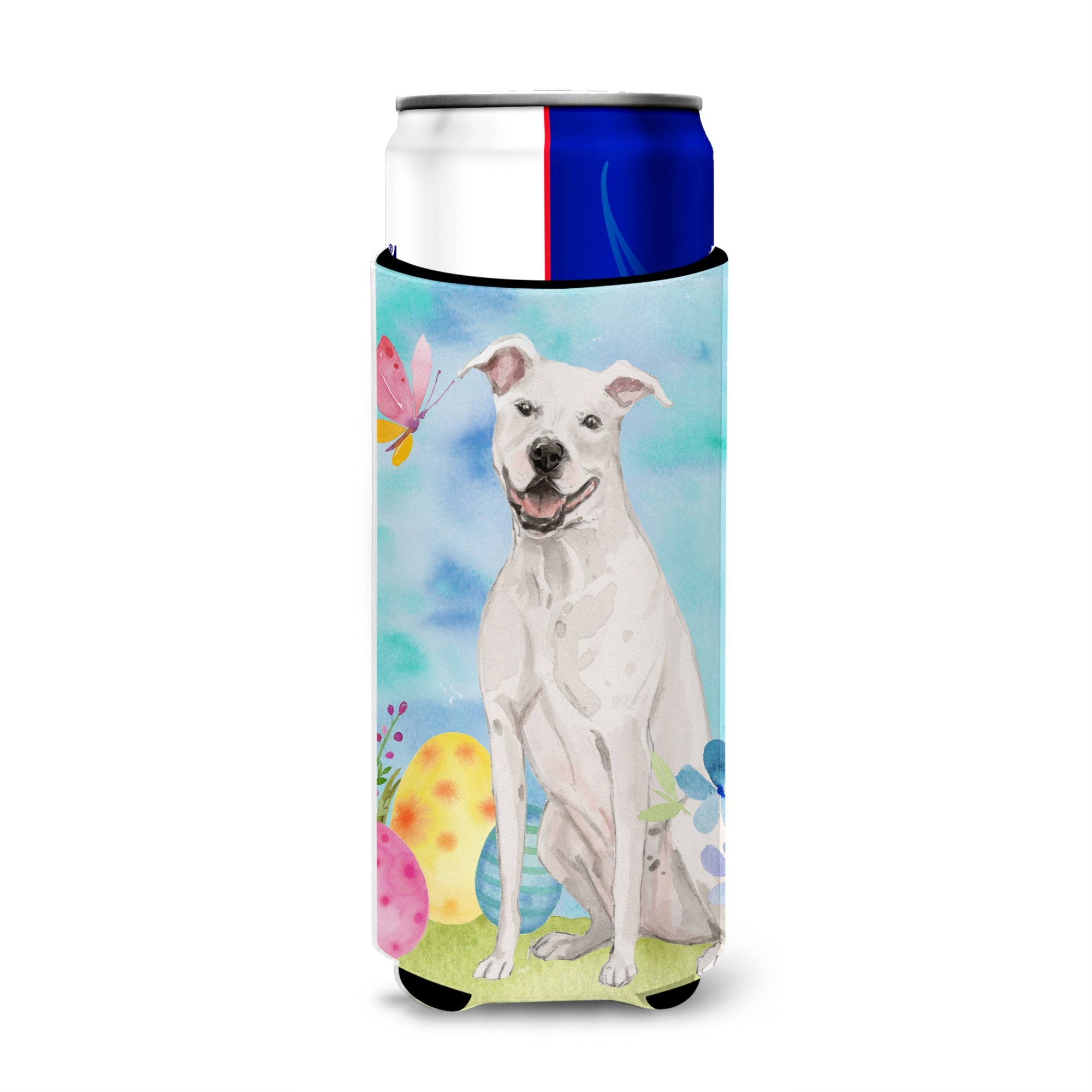 Caroline'S Treasures White Staffie Bull Terrier Easter Decorative Can Hugger, Slim, Multicolor