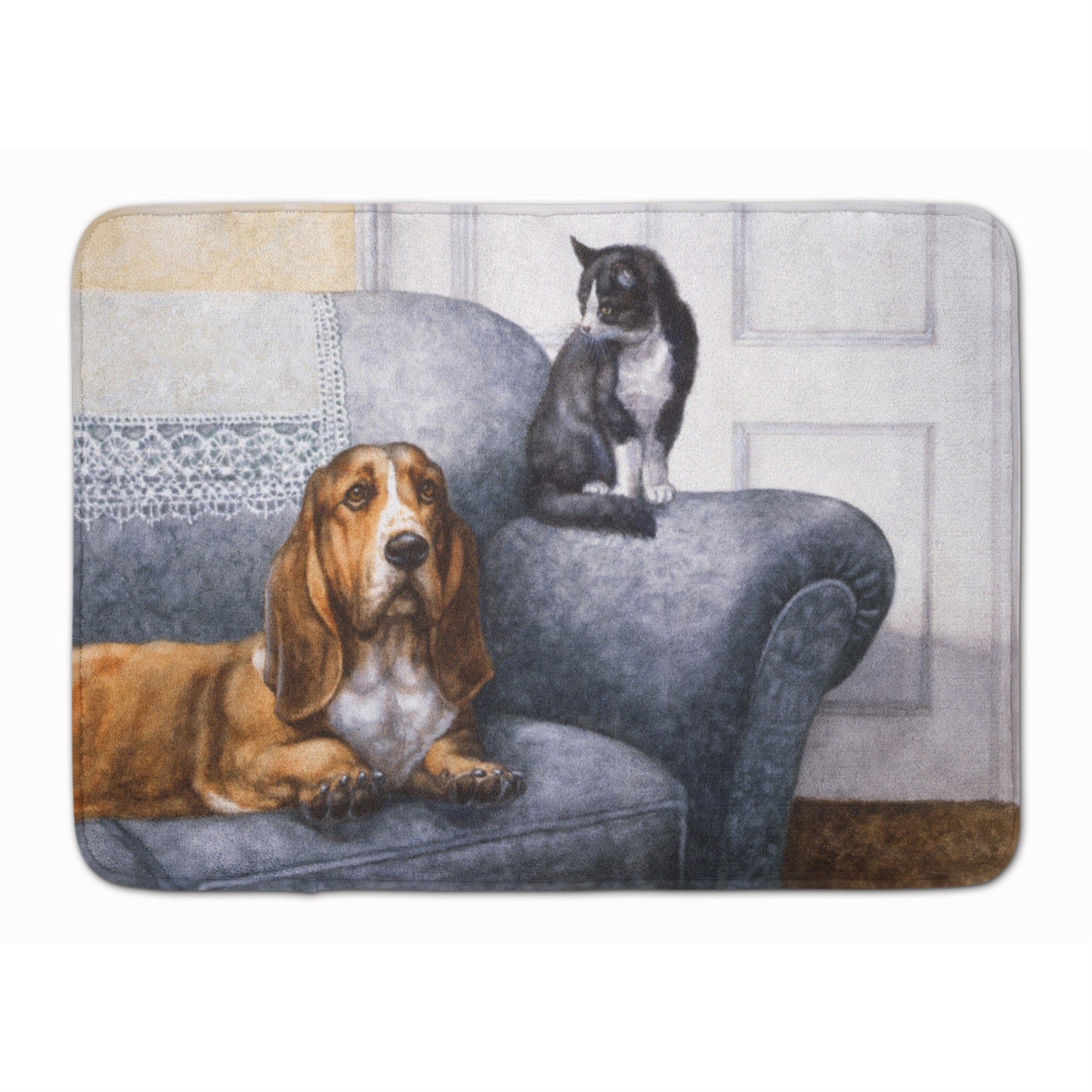 Caroline'S Treasures Basset Hound And Cat On Couch Floor Mat, 19 X 27, Multicolor