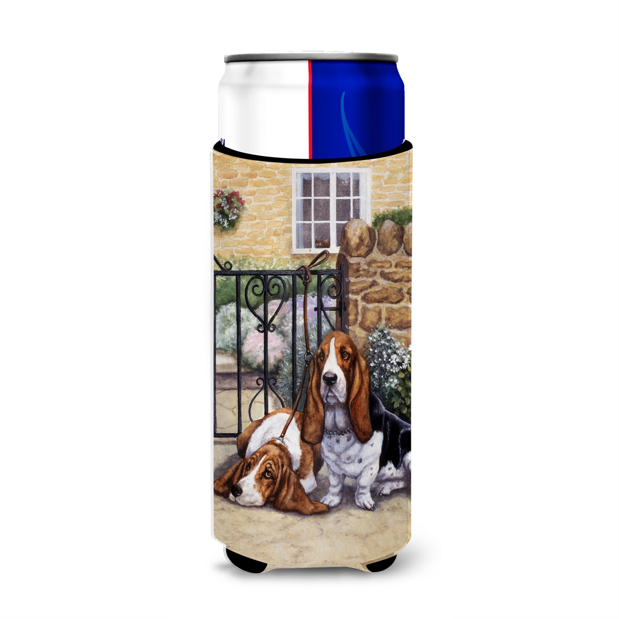 Caroline'S Treasures Basset Hound At The Gate Michelob Ultra Koozies For Slim Cans, Multicolor