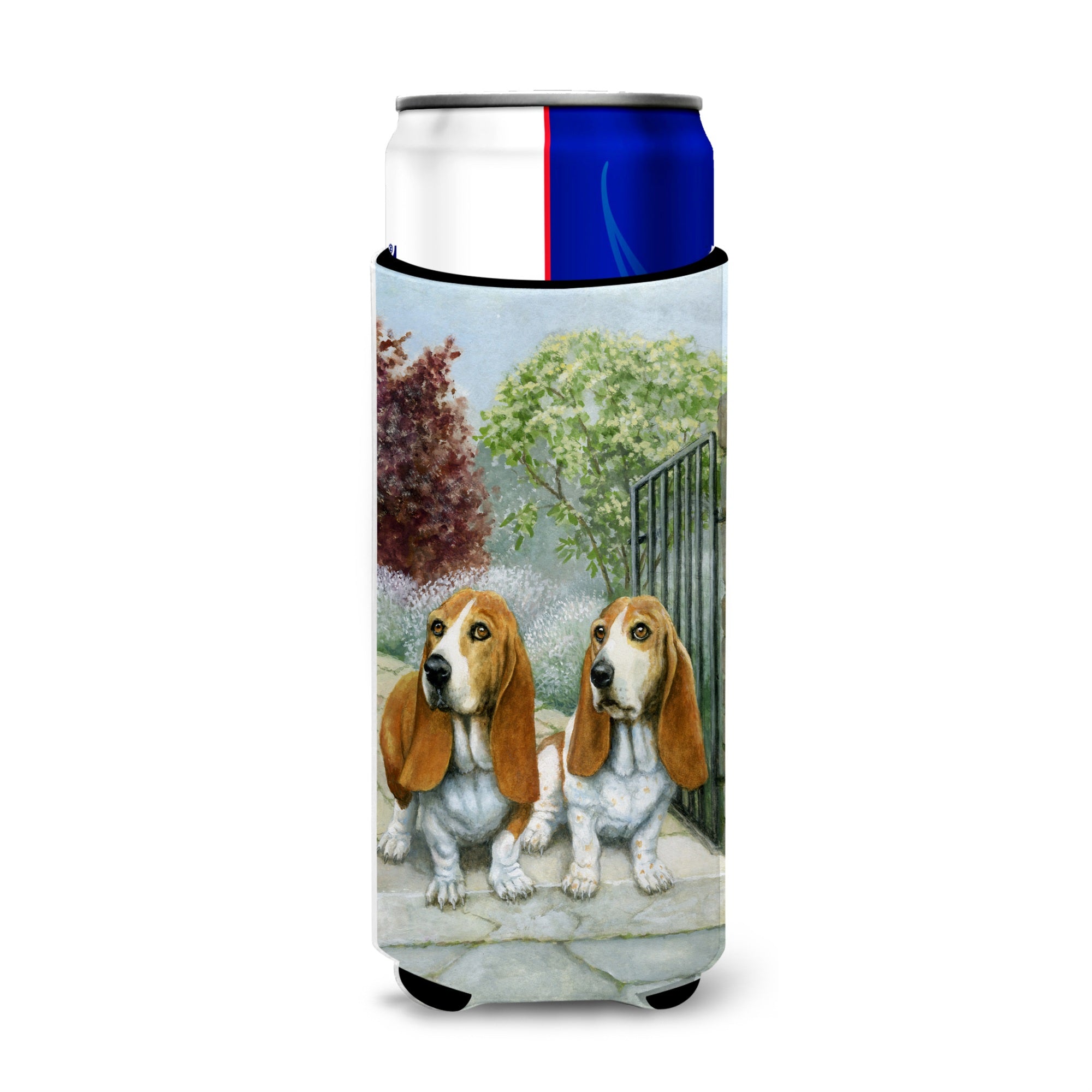 Caroline'S Treasures Basset Hounds In The Gate Michelob Ultra Koozies For Slim Cans, Multicolor