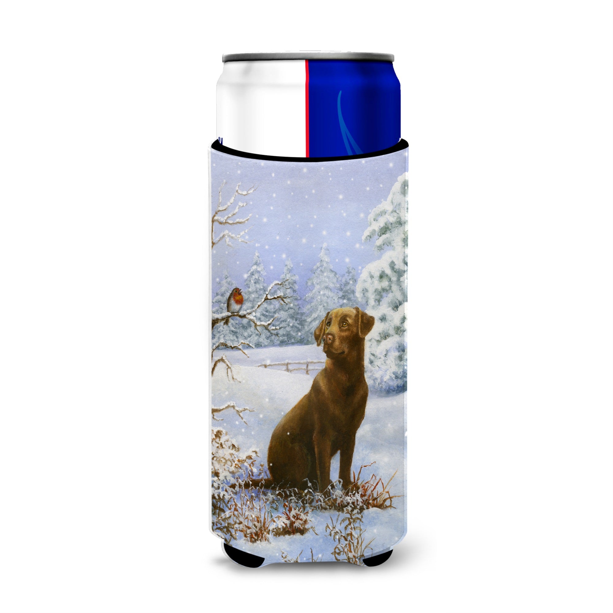 Caroline'S Treasures Chocolate Labrador Snowy Robin Michelob Ultra Koozies For Slim Cans, Multicolor