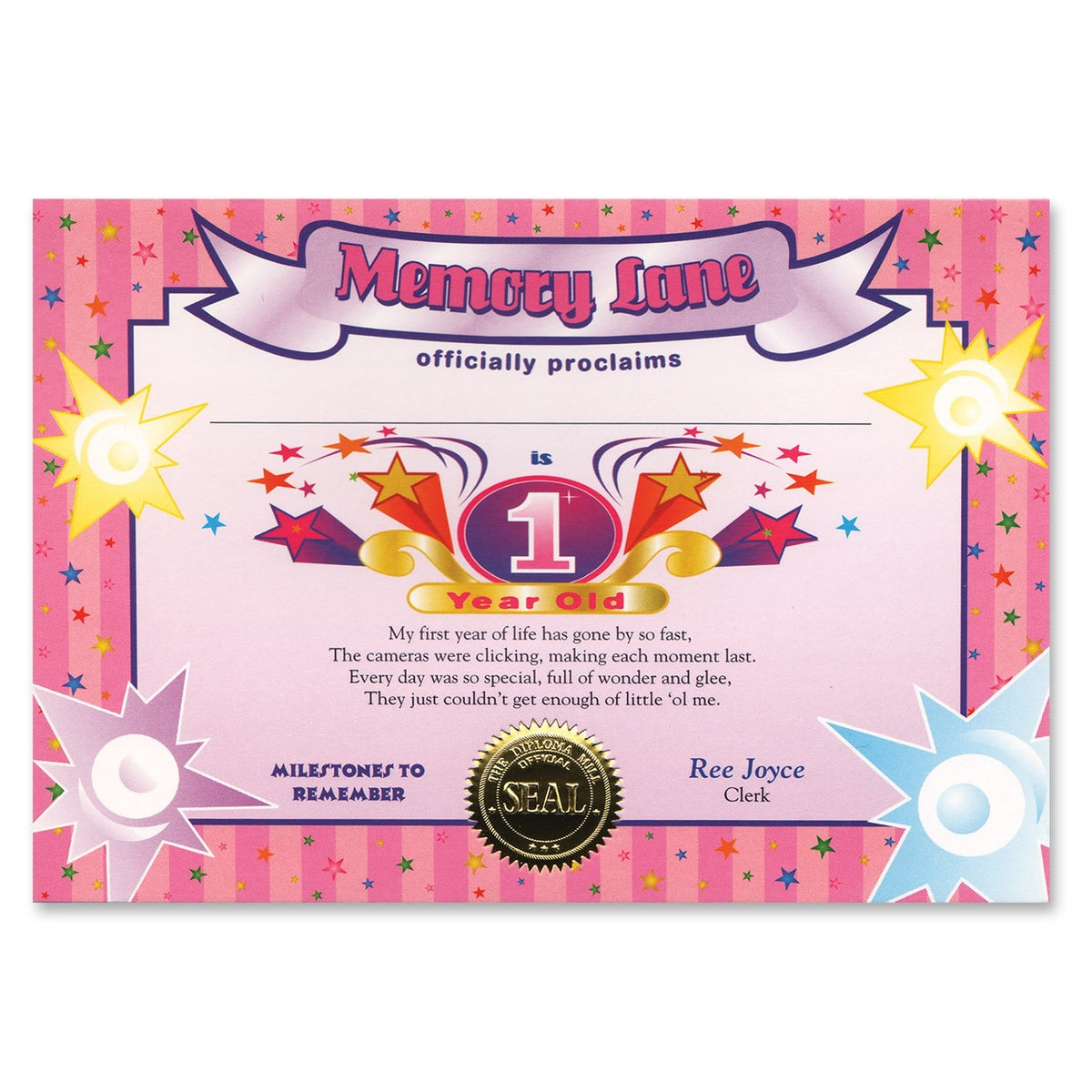1 Year Old (Girl) Certificate (Pack Of 6)
