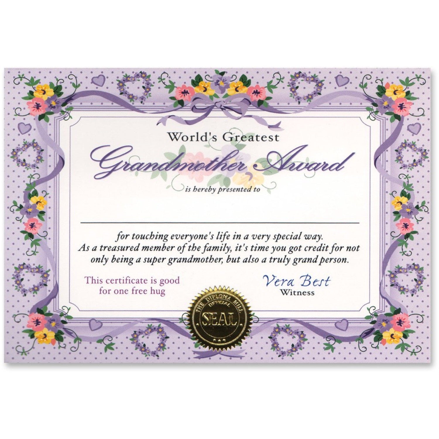 World'S Greatest Grandmother Certificate (Pack Of 6)