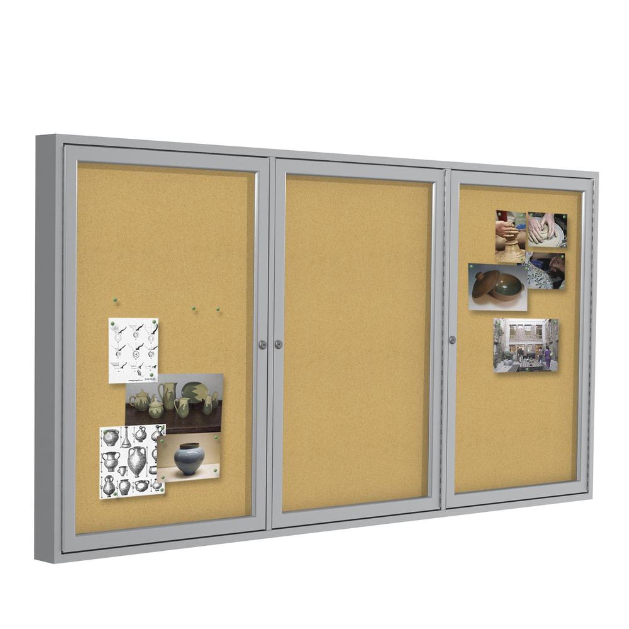 48″x72″ 3-Door Satin Aluminum Frame Enclosed Bulletin Board - Natural Cork