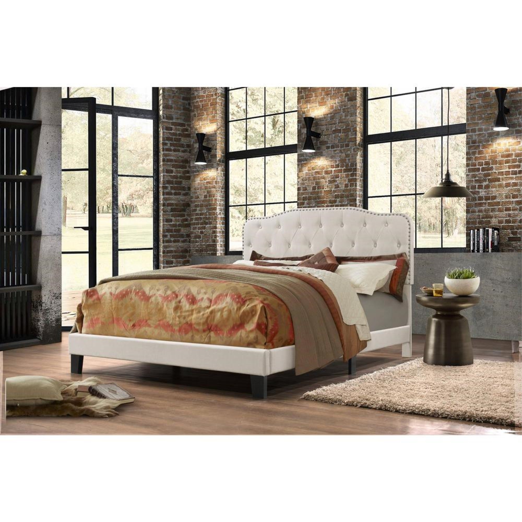 Beige Linen Uph. Panel Bed with Silver Nailhead- Full