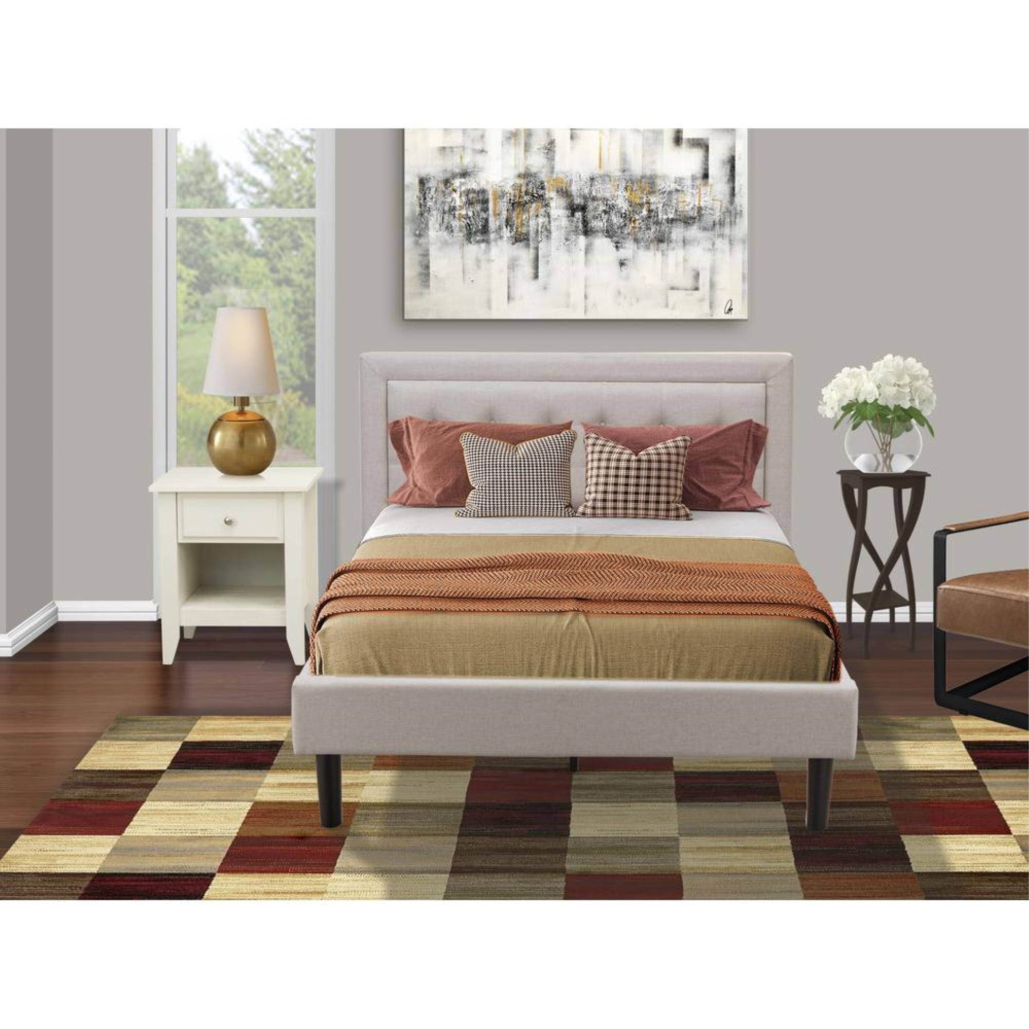 FN08F-1GA0C 2-Pc Fannin Bed Set with 1 Platform Bed and a Night Stand for Bedrooms - Mist Beige Linen Fabric
