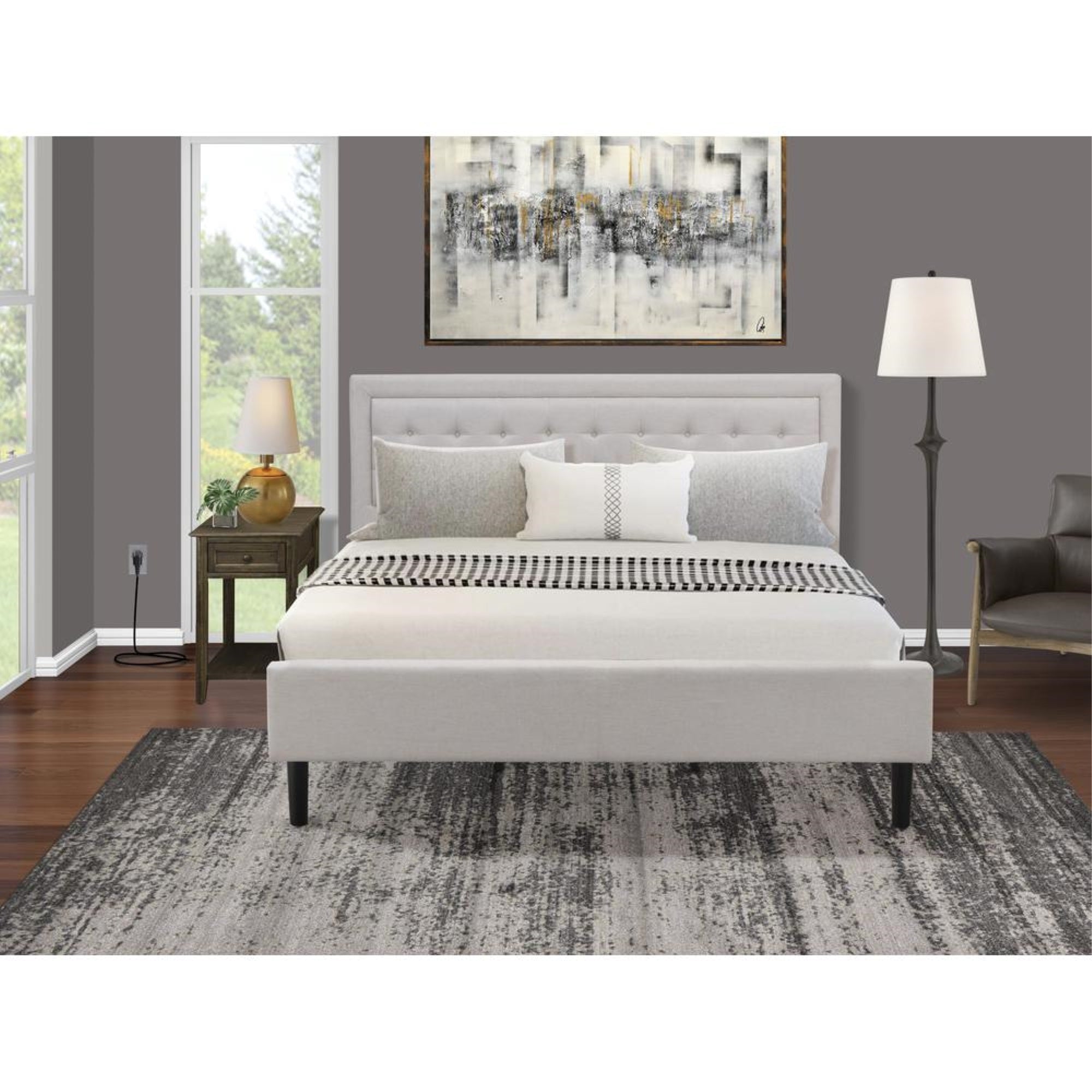 FN08K-1DE07 2-Piece Platform King Bedroom Set with 1 Platform Bed and 1 Bedroom Nightstand - Mist Beige Linen Fabric