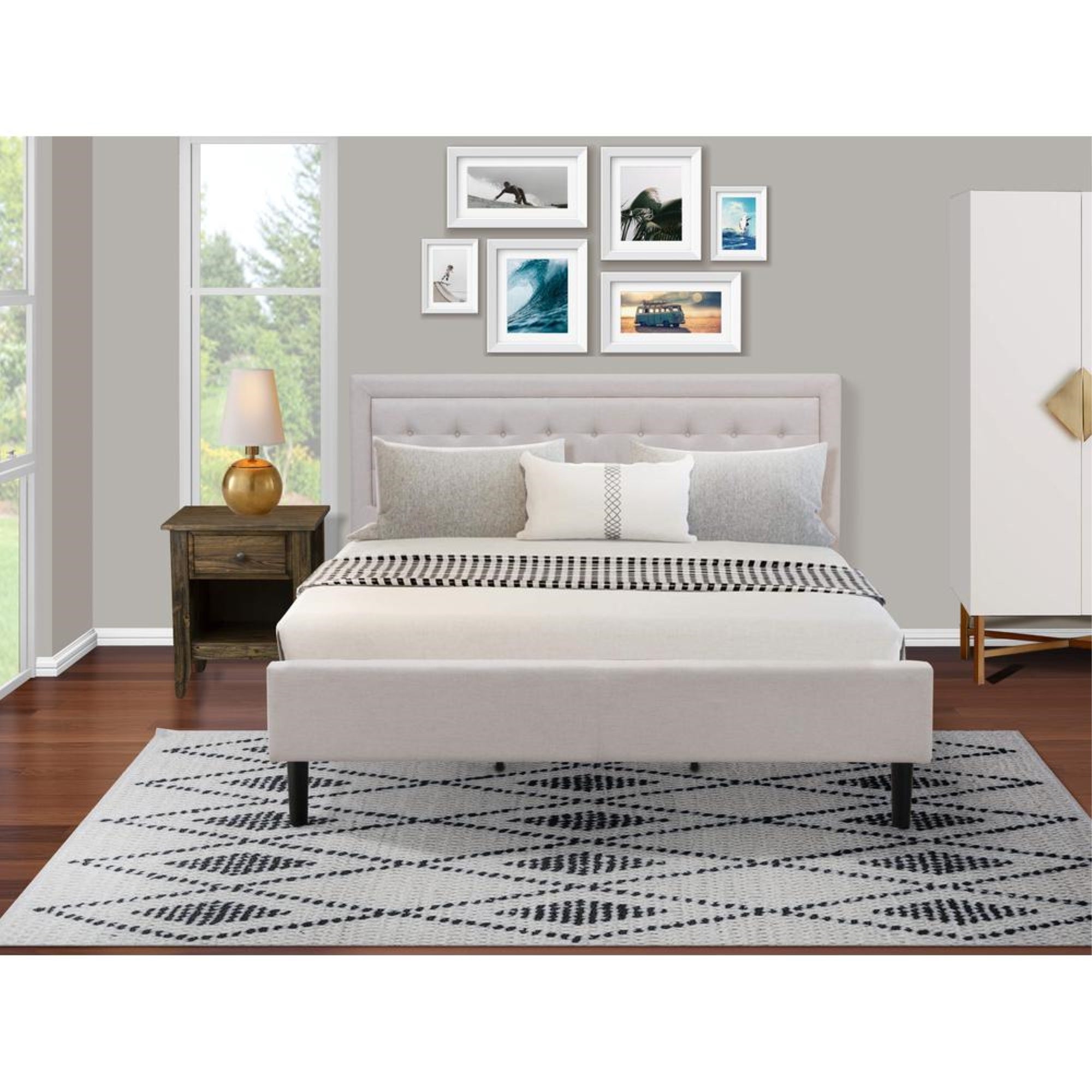 FN08K-1GA07 2-Piece Platform Wooden Set for Bedroom with 1 King Frame and 1 End Table - Mist Beige Linen Fabric