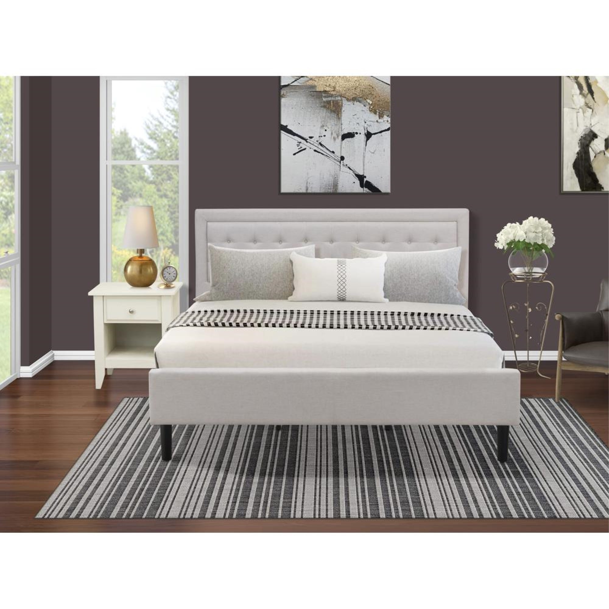 FN08K-1GA0C 2-Piece Platform King Bedroom Set with 1 Bed and a Wire Brushed Butter Cream End Table - Mist Beige Linen Fabric Bed