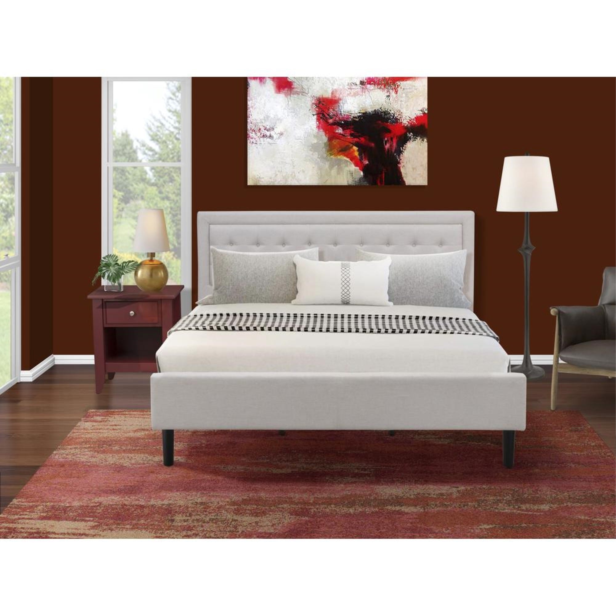 FN08K-1GA13 2-Piece Fannin Bed Set with 1 King Size Bed Frame and a Burgundy Night Stand - Mist Beige Linen Fabric Bed