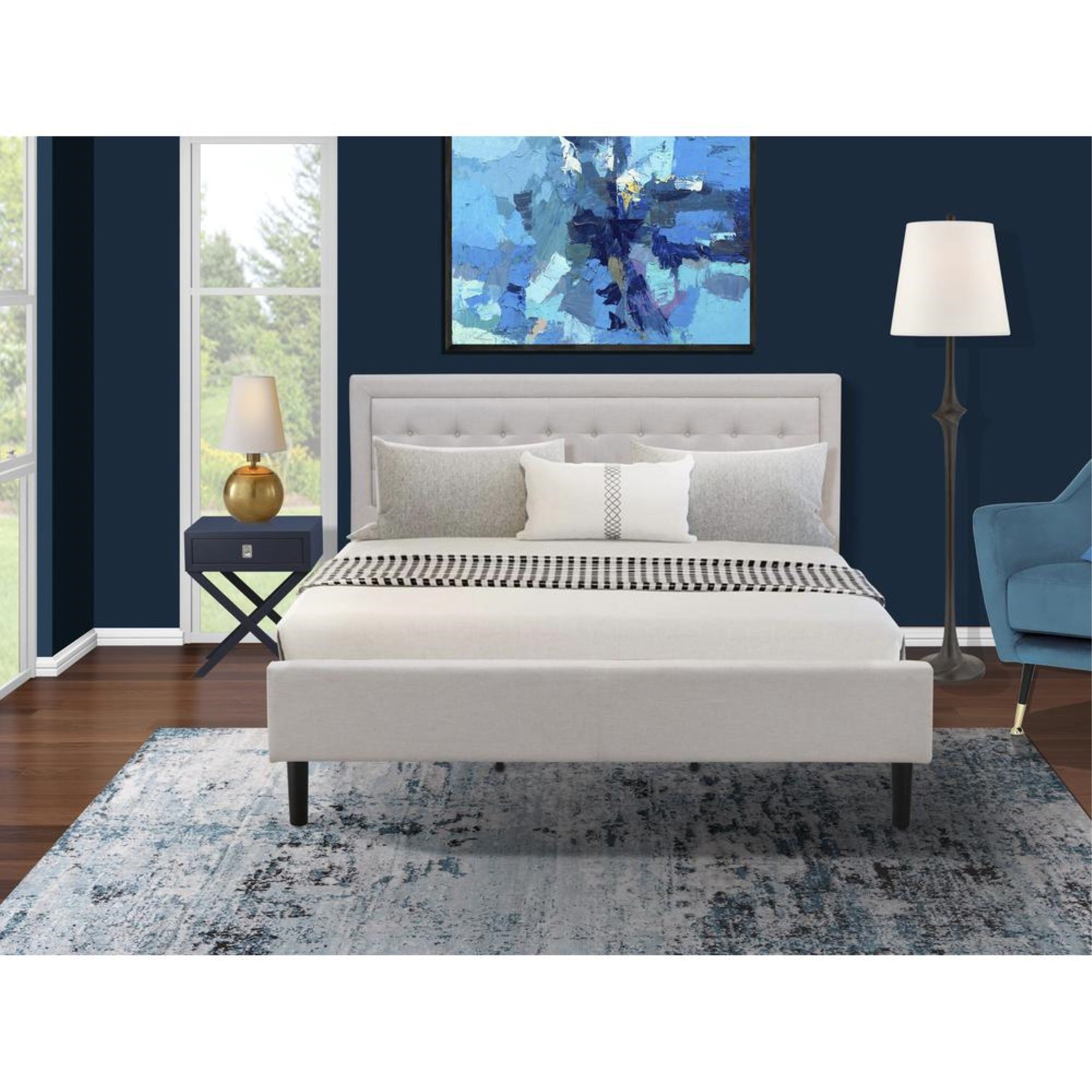 FN08K-1HAE0 2-Piece Fannin Bedroom Set with 1 King Size Bed and a White Modern Nightstand - Mist Beige Linen Fabric Bed