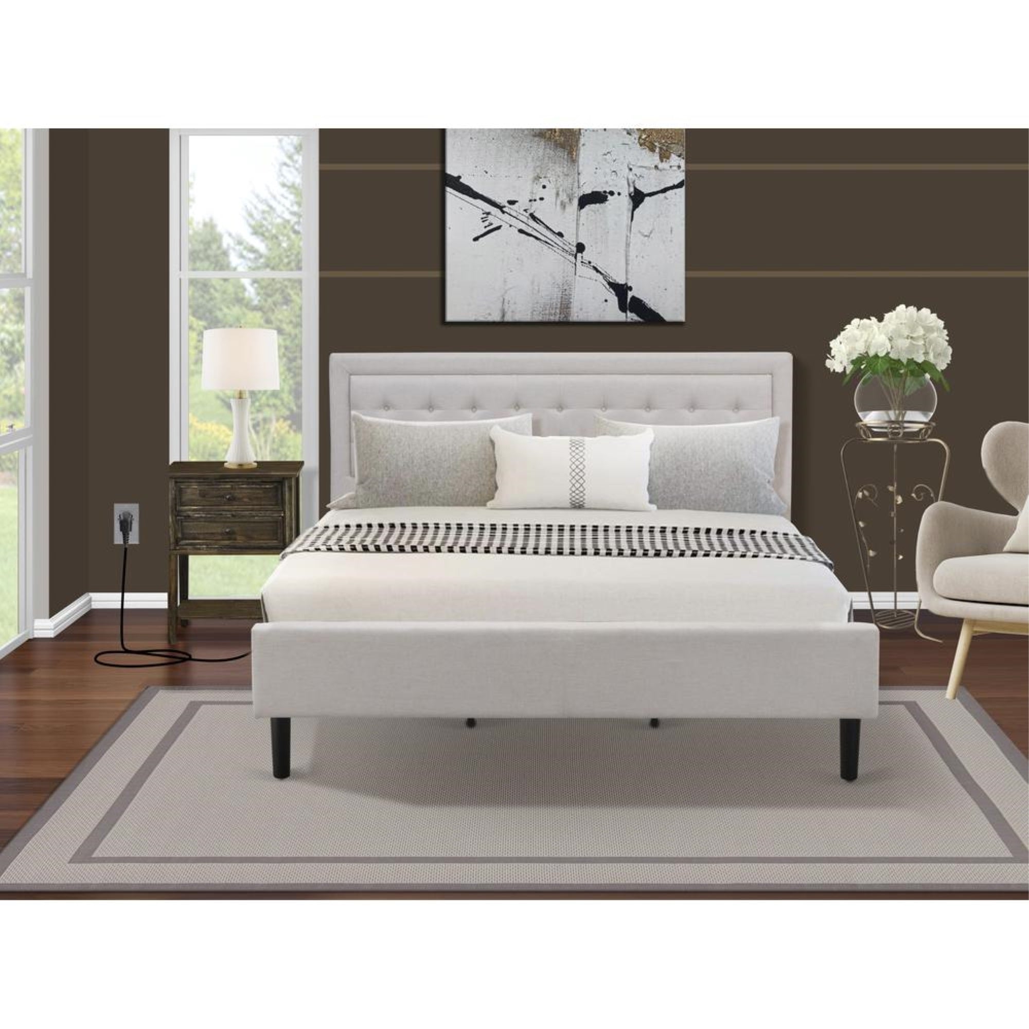 FN08K-1VL07 2-Piece Fannin Bedroom Set with 1 King Bed Frame and an End Table - Mist Beige Linen Fabric