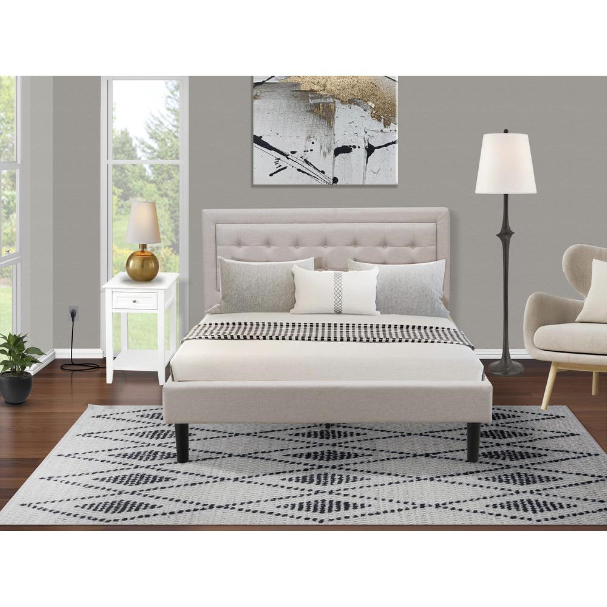 FN08Q-1DE05 2-Piece Fannin Queen Bed Set with 1 Modern Bed and a Bedroom Nightstand - Mist Beige Linen Fabric
