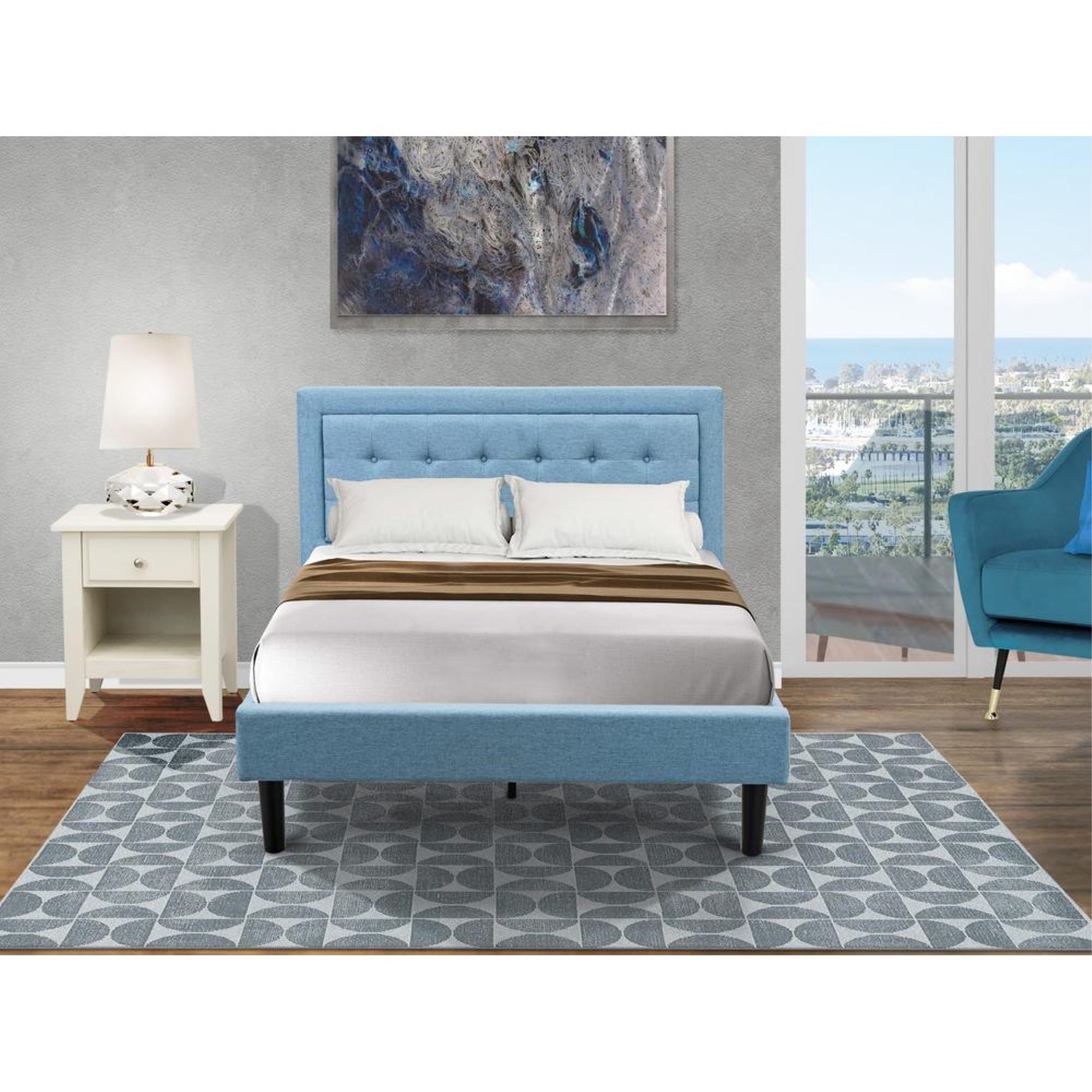 FN11F-1GA0C 2-Piece Platform Full Bedroom Set with 1 Full Bed Frame and a Wooden Night Stand - Denim Blue Linen Fabric