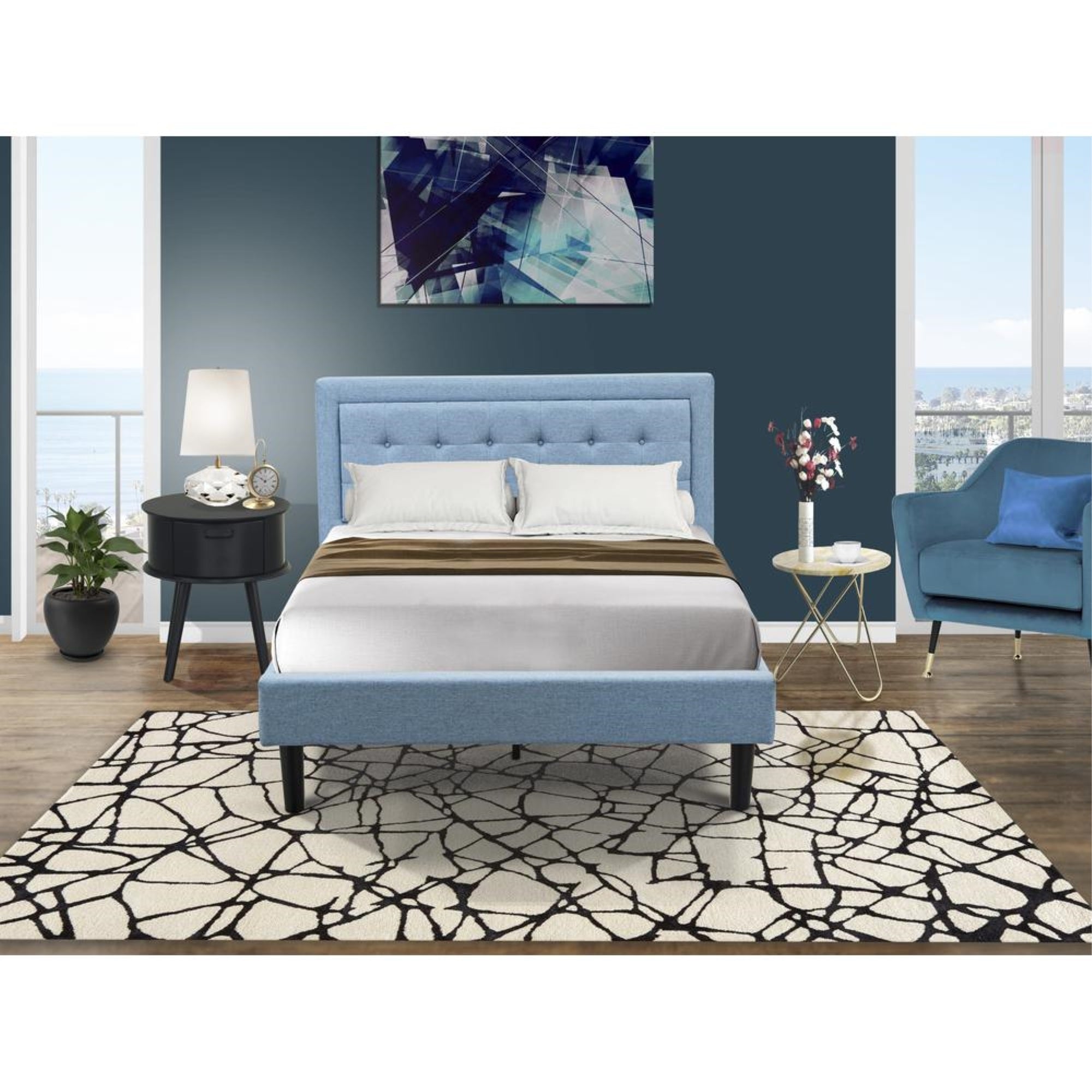 FN11F-1GO15 2-Pc Platform Full Size Bed Set with 1 Bed Frame and a Night Stand for Bedrooms - Denim Blue Linen Fabric