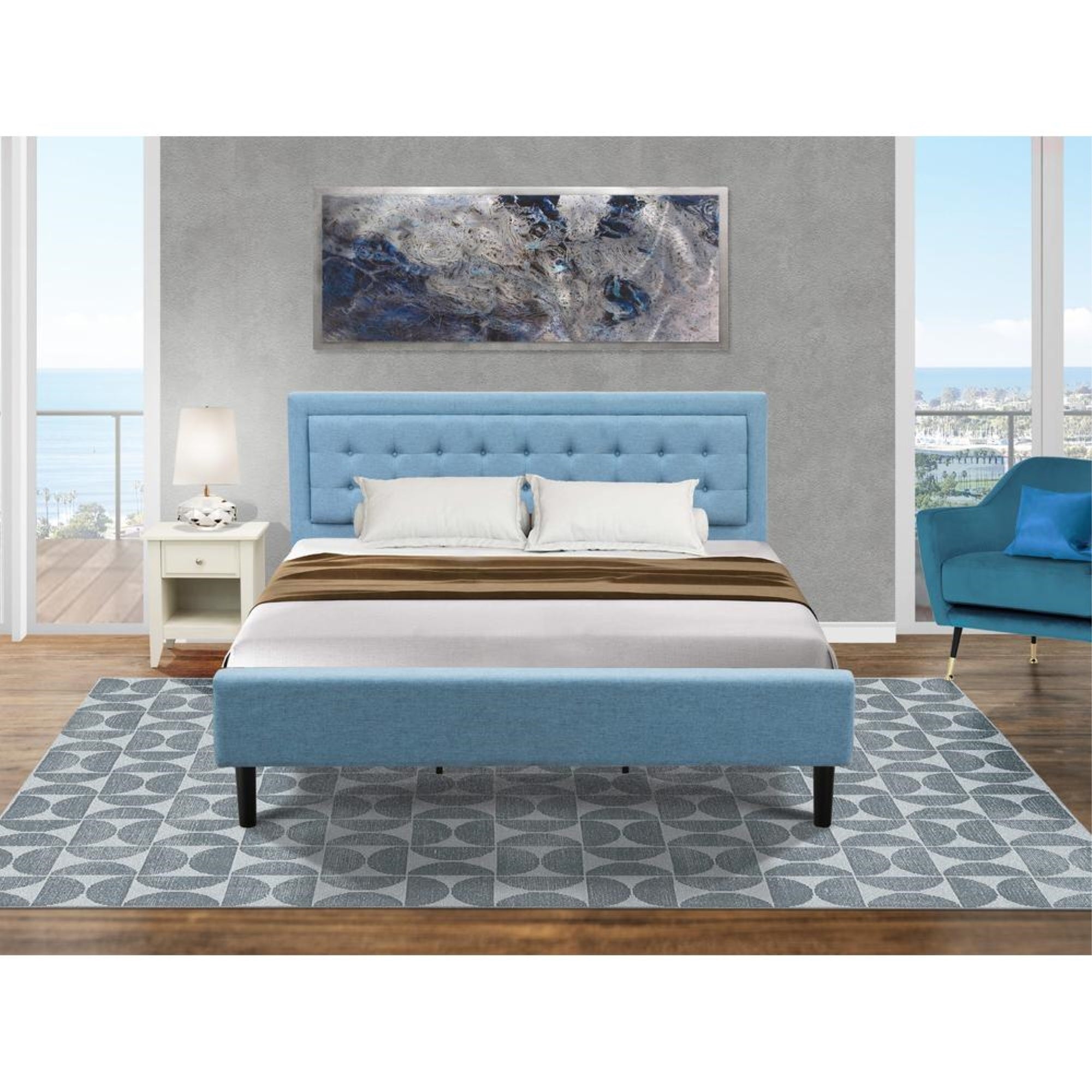 FN11K-1GA0C 2-Pc Fannin Bed Set with 1 King Frame and a Wire Brushed Butter Cream Modern Nightstand - Denim Blue Linen Fabric Bed
