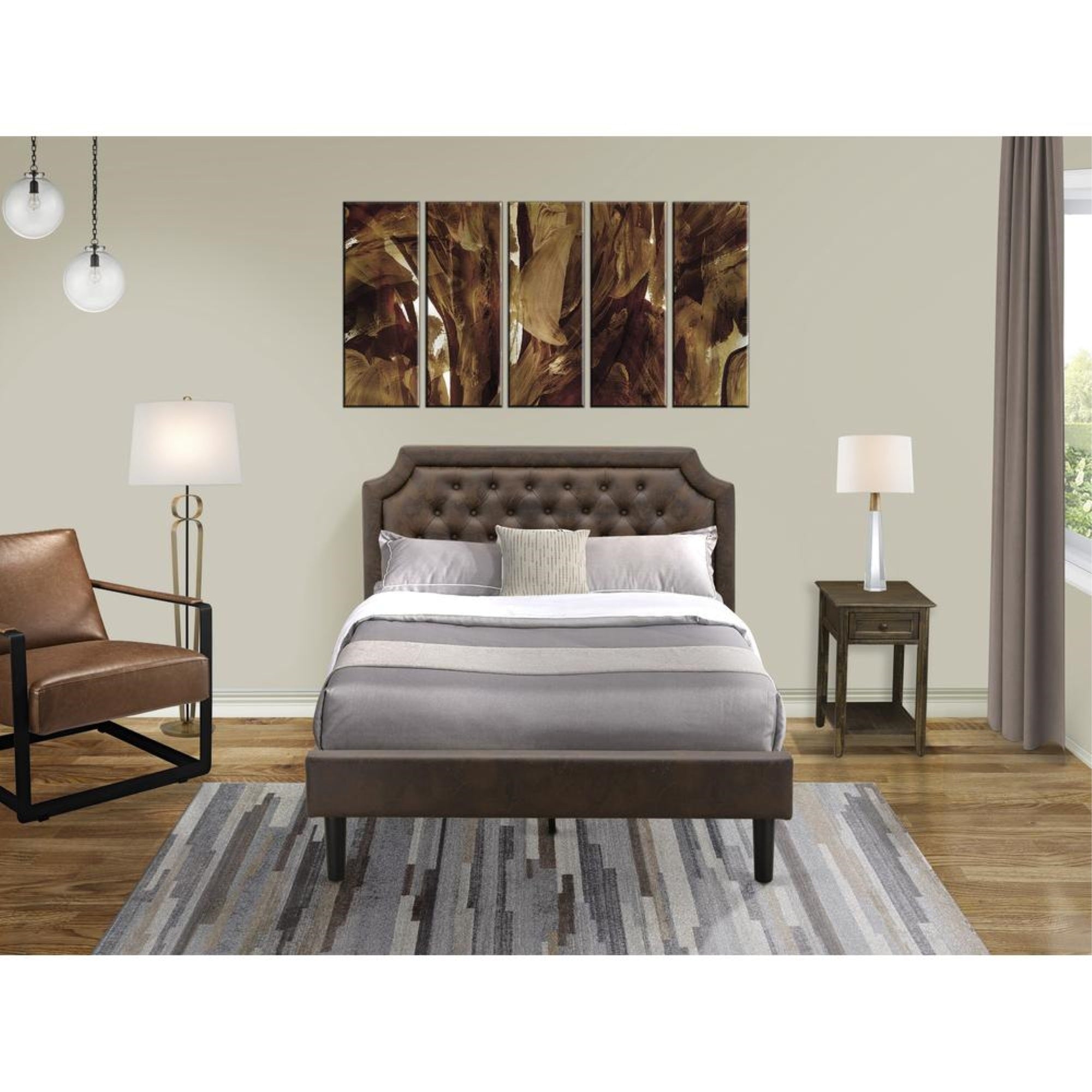 GB25F-1DE07 2-Pc Full Bed Set with Bed and 1 Distresses Jacobean Mid Century Nightstand - Dark Brown Faux Leather and Black Legs