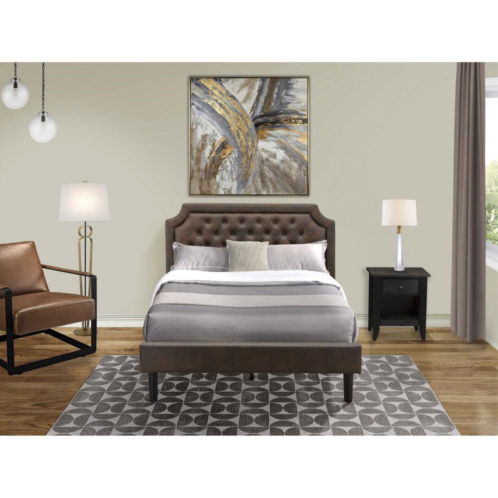 GB25F-1GA06 2-Pc Platform Bed Set with a Full Bed and a Wire brushed Black Night Stand - Dark Brown Faux Leather and Black Legs