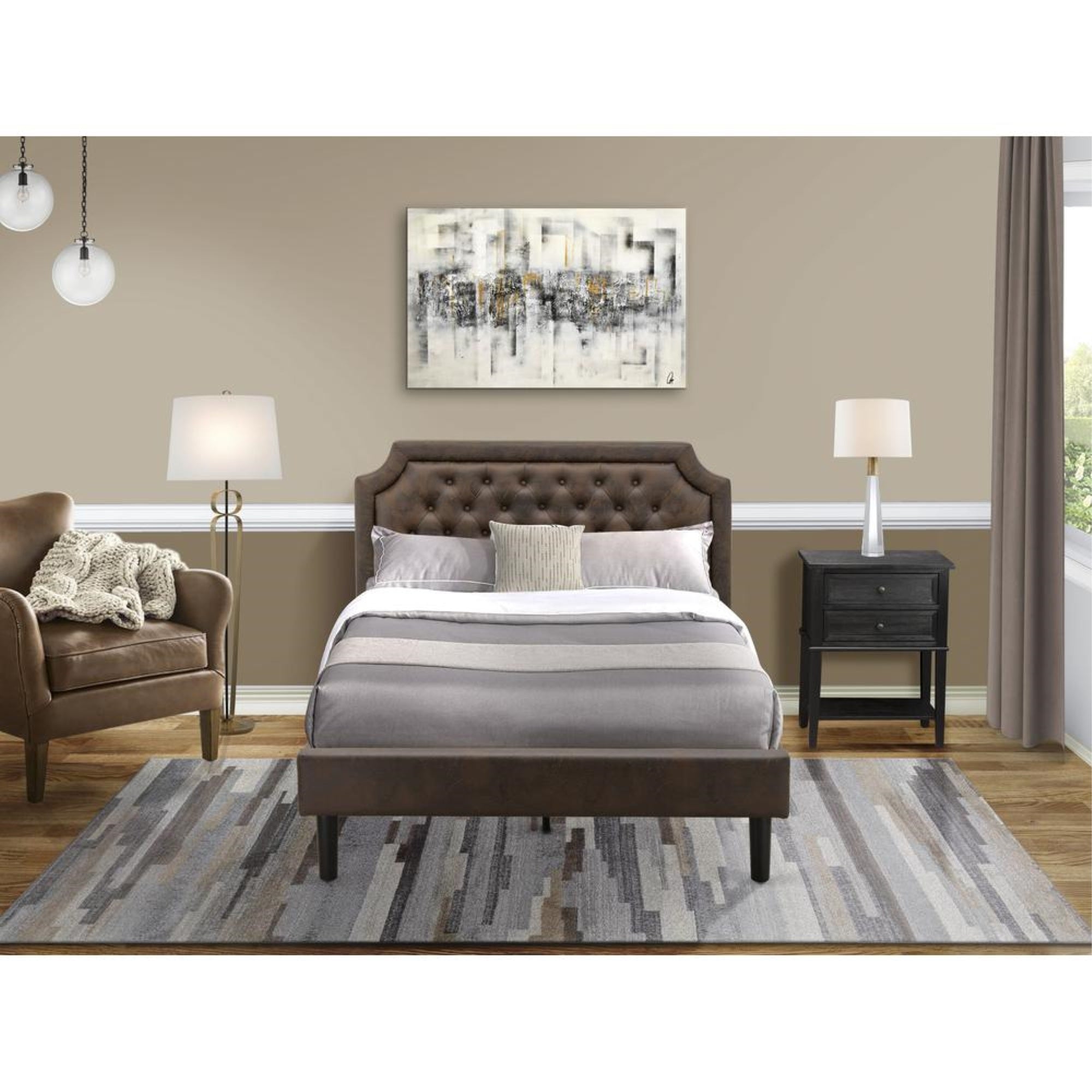 GB25F-1VL06 2-Pc Wooden Set for Bedroom with Full Bed and Wirebrushed Black Night Stand - Dark Brown Faux Leather and Black Legs