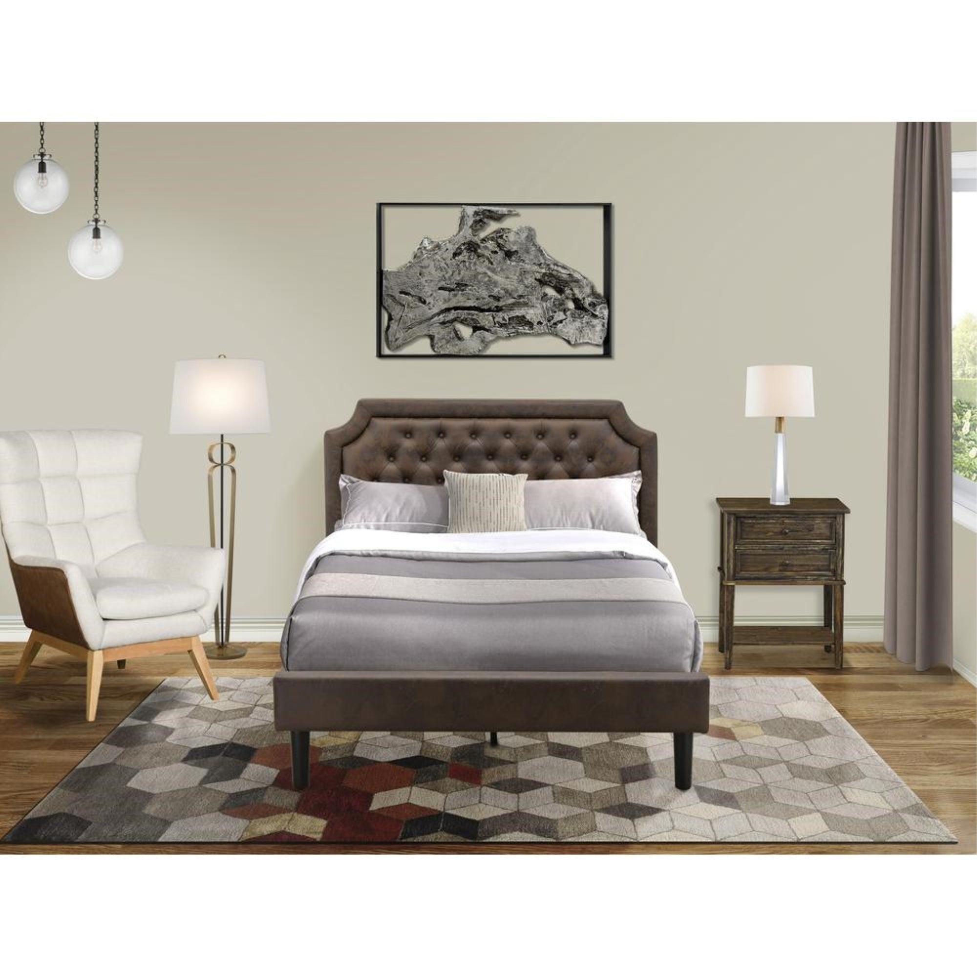 GB25F-1VL07 2-Piece Granbury Bedroom Set with Bed and 1 Distressed Jacobean Night Stand - Dark Brown Faux Leather and Black Legs