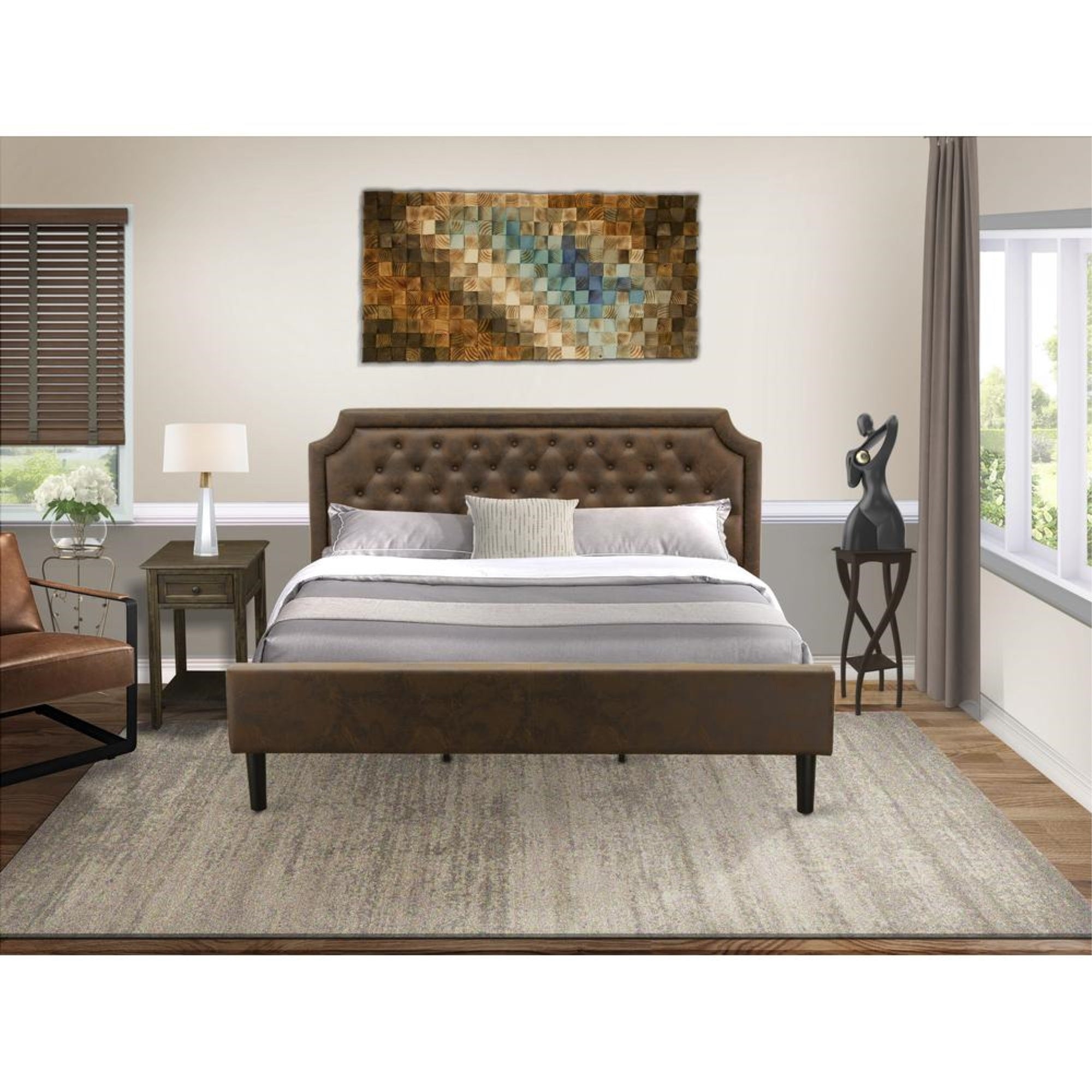 GB25K-1DE07 2-Piece Bedroom Set with King Frame and 1 Distressed Jacobean Small End Table - Dark Brown Faux Leather and Black Legs