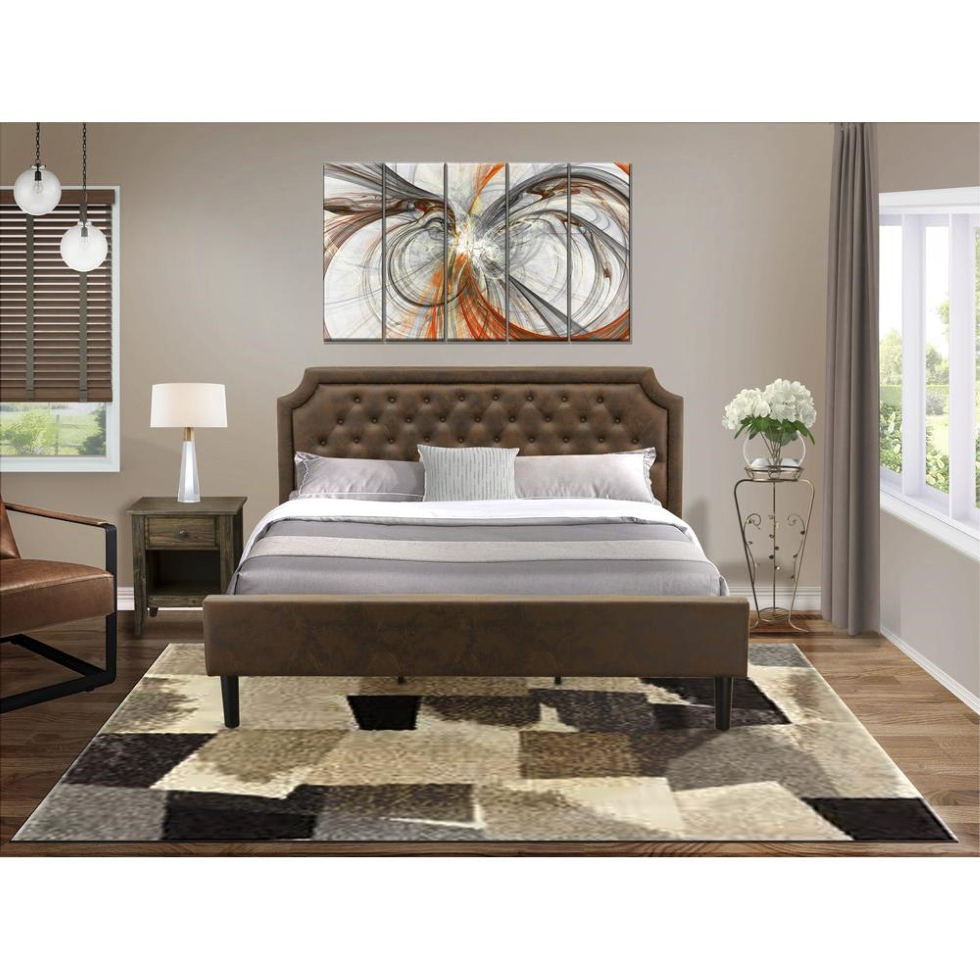 GB25K-1GA07 2-Pc King Bedroom set with Upholstered Bed and Distressed Jacobean Nightstand - Dark Brown Faux Leather and Black Legs