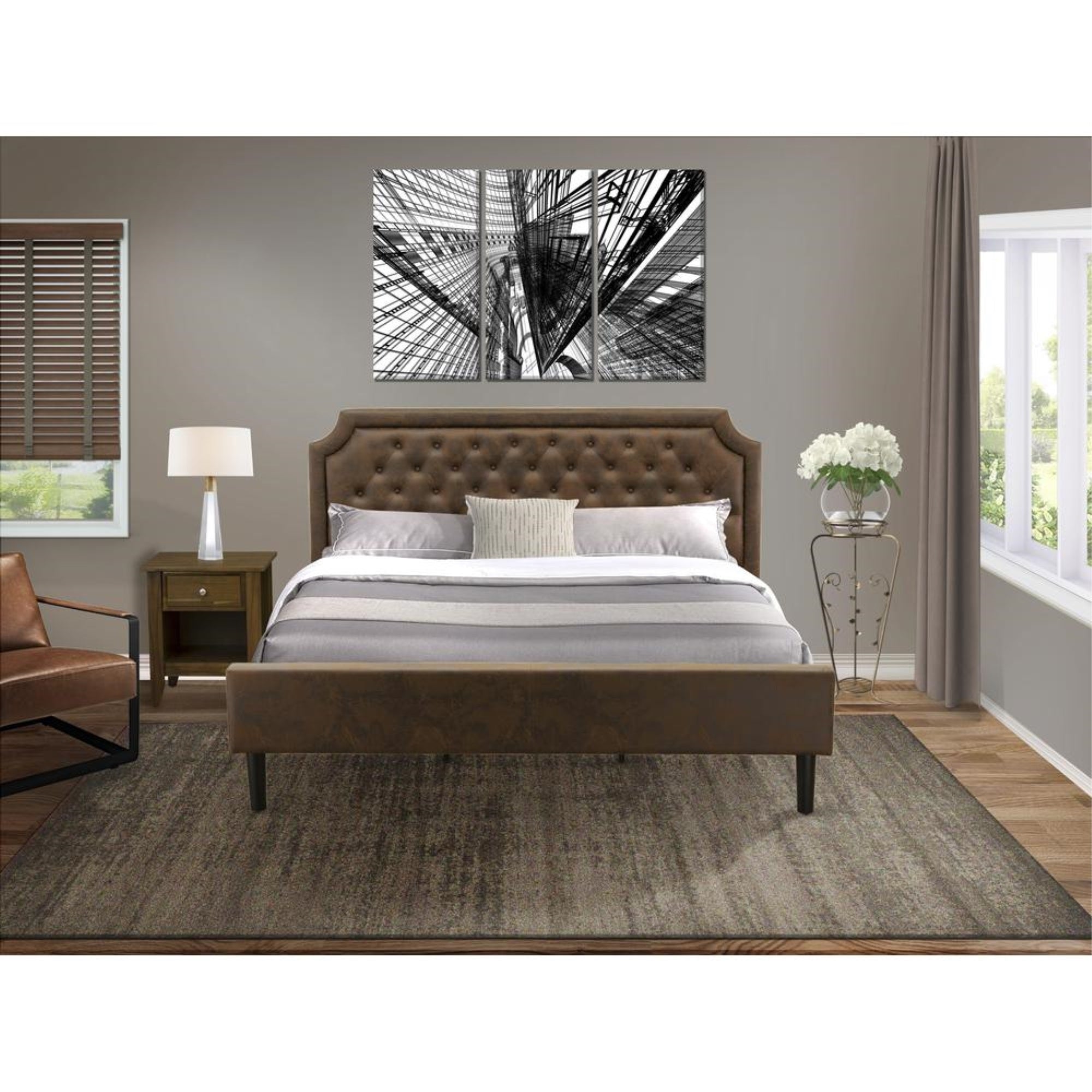 GB25K-1GA08 2-Piece Platform Bed Set with Modern Bed and Antique Walnut Wood Night Stand - Dark Brown Faux Leather and Black Legs