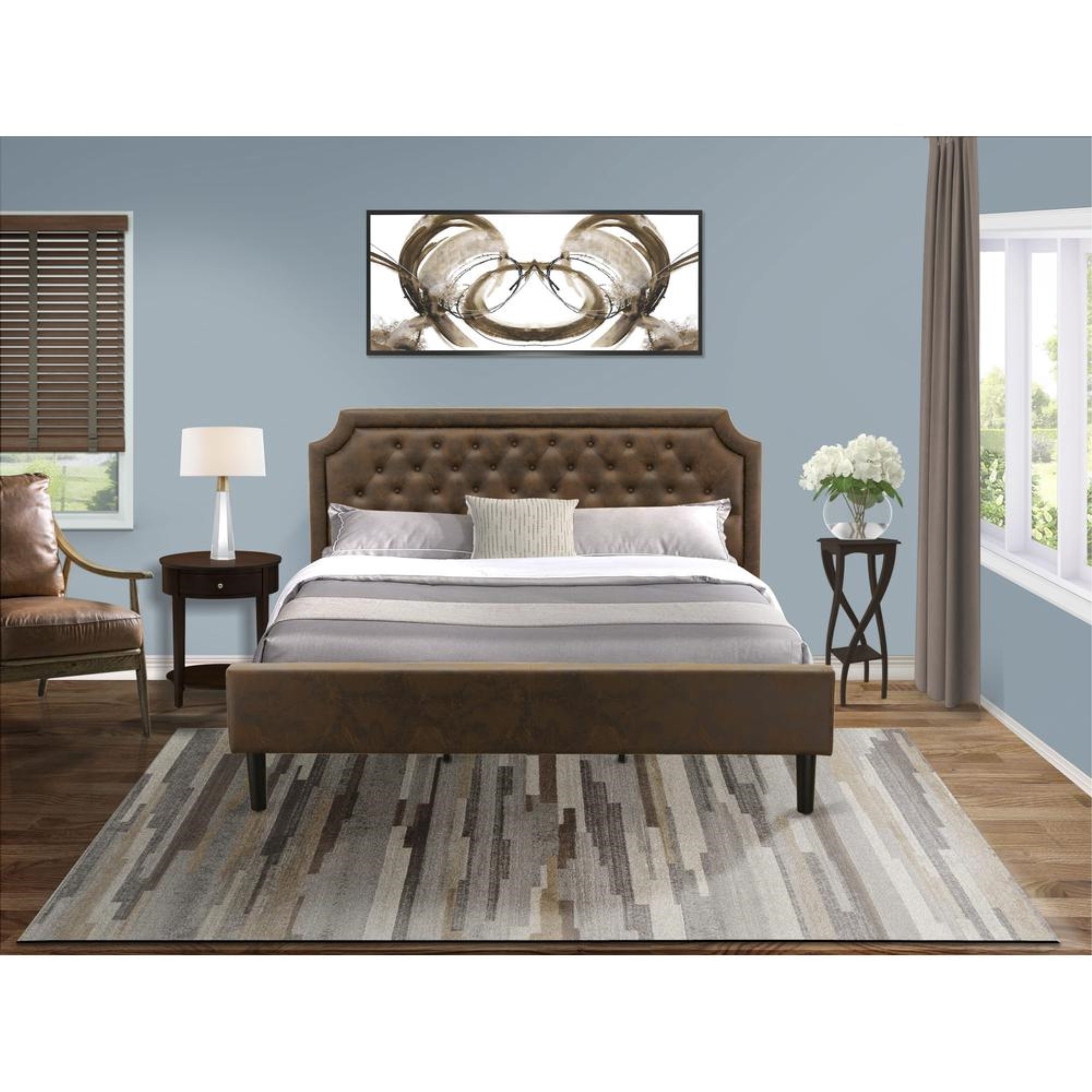 GB25K-1HI0M 2-Piece King Bedroom Set with Bed and Antique Mahogany Small Nightstand - Dark Brown Faux Leather and Black Legs