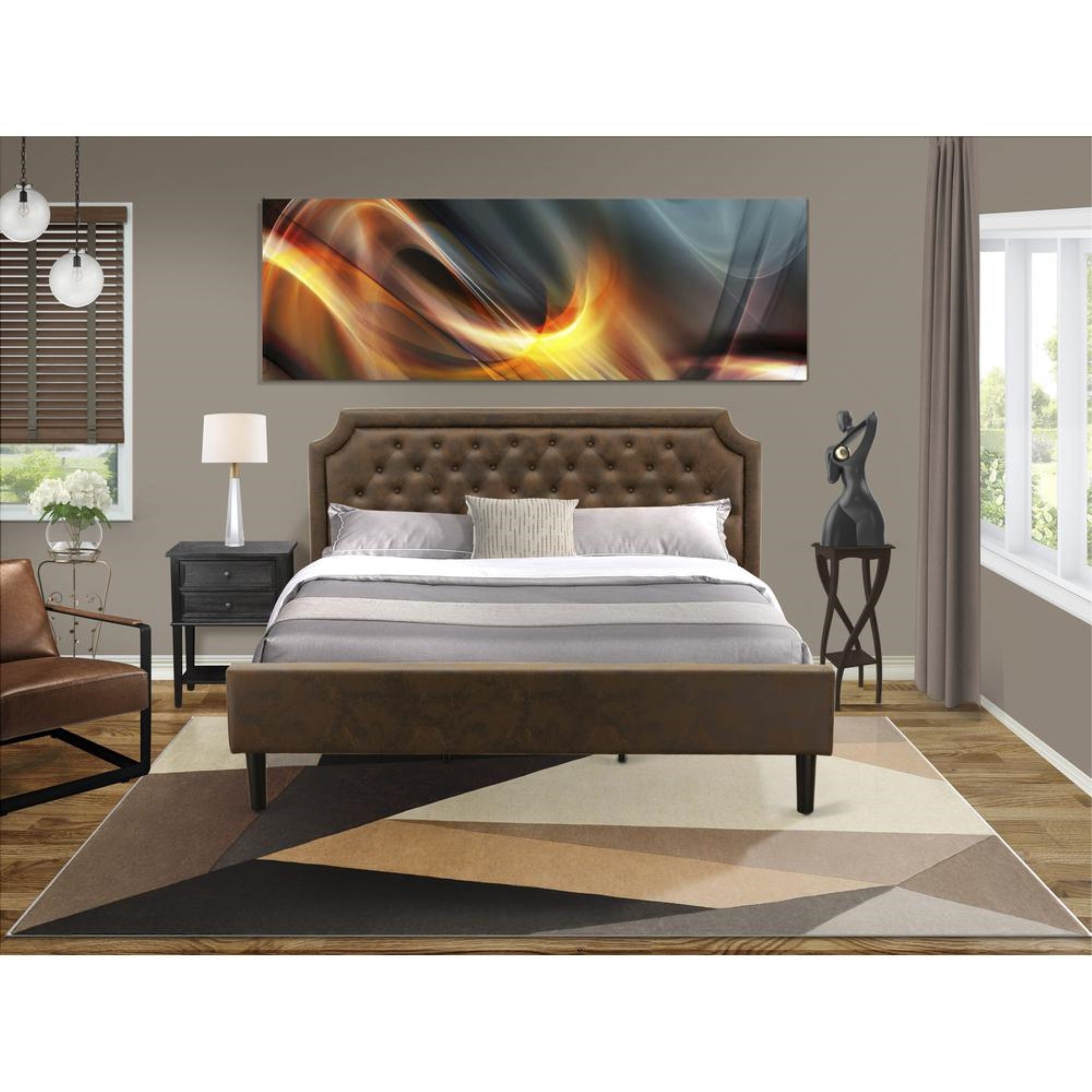 GB25K-1VL06 2-Piece King Bedroom set with Bed and Wire Brushed Black End Table - Dark Brown Faux Leather and Black Legs