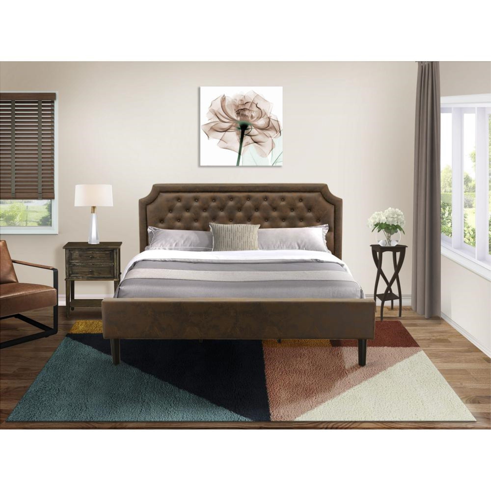 GB25K-1VL07 2-Pc Platform King Bedroom Set with Frame and Distressed Jacobean End Table - Dark Brown Faux Leather and Black Legs
