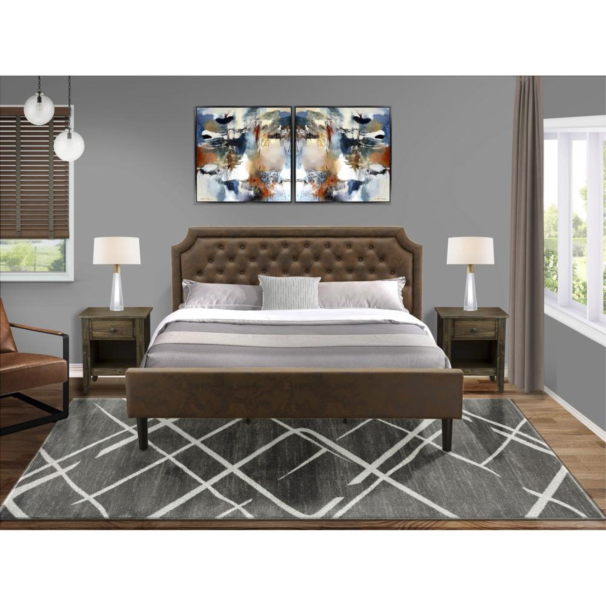GB25K-2GA07 3-Pc Platform Bedroom set with King Bed and 2 Distressed Jacobean End Tables - Dark Brown Faux Leather and Black Legs