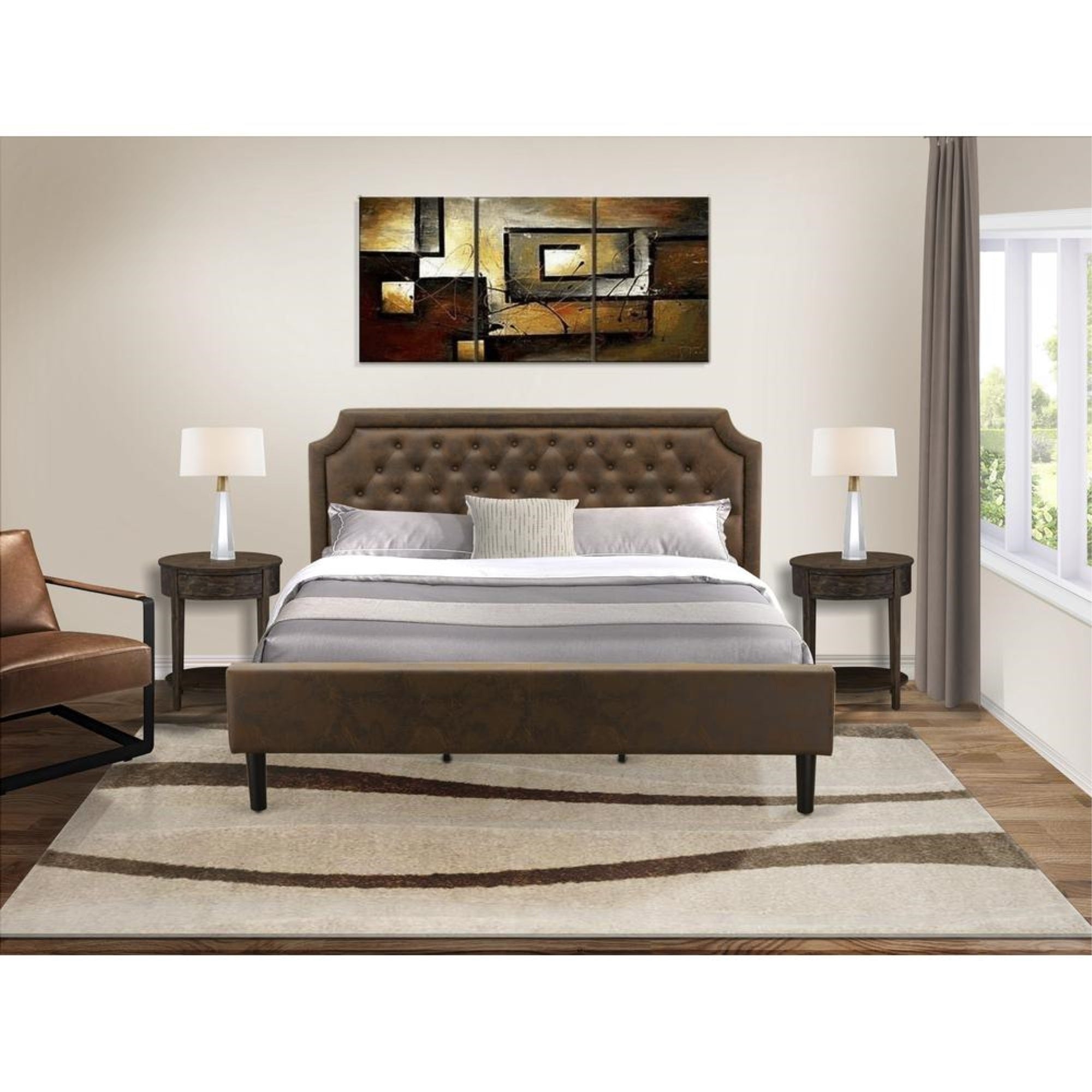 GB25K-2HI07 3-Piece Bedroom Set with King Bed and 2 Distressed Jacobean Small End Tables - Dark Brown Faux Leather and Black Legs