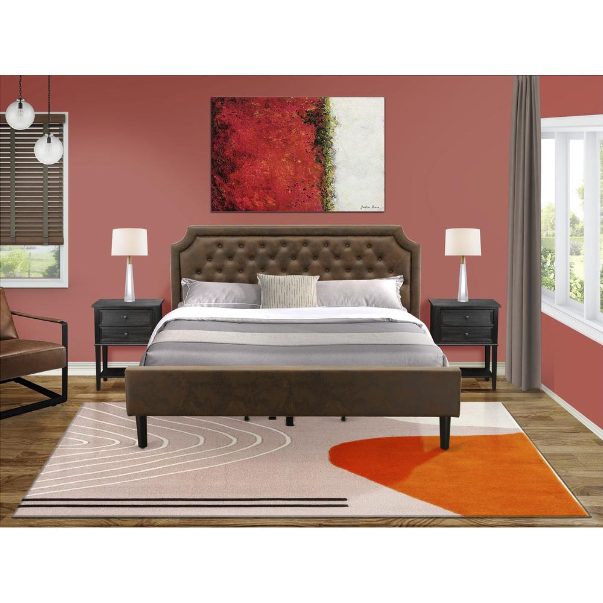 GB25K-2VL06 3-Pc Granbury Bedroom Set with Frame and 2 Wire Brushed Black Night Stands - Dark Brown Faux Leather and Black Legs