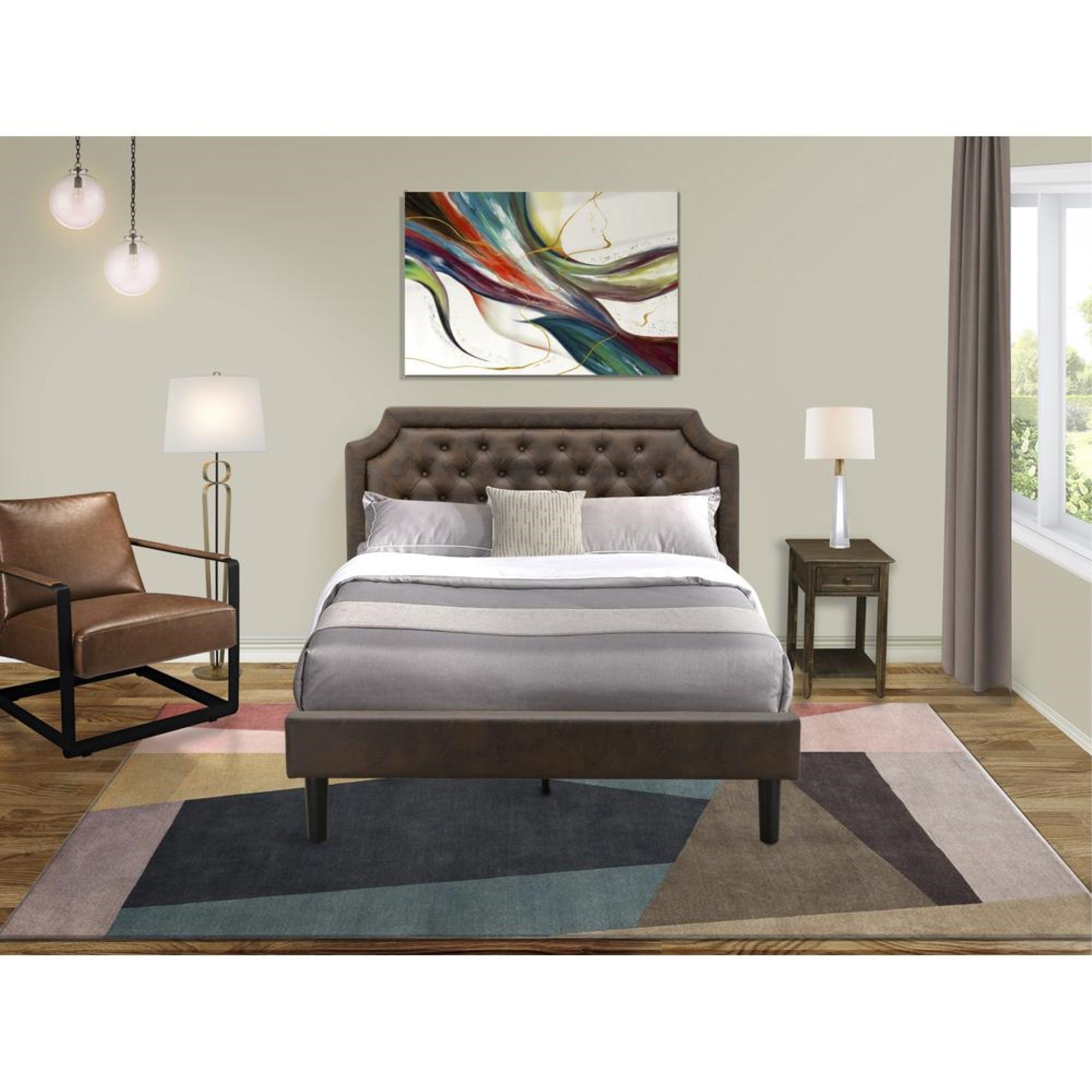 GB25Q-1DE07 2-Piece Platform Queen Bed Set with Bed and 1 Distressed Jacobean Nightstand - Dark Brown Faux Leather and Black Legs