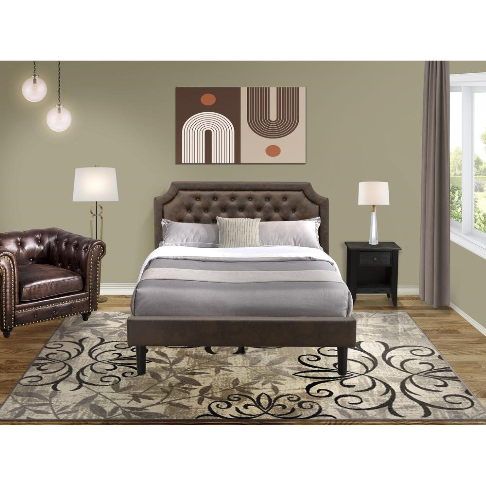 GB25Q-1GA06 2-Pc Wooden Set for Bedroom with Bed Frame and Wire brushed Black Nightstand - Dark Brown Faux Leather and Black Legs
