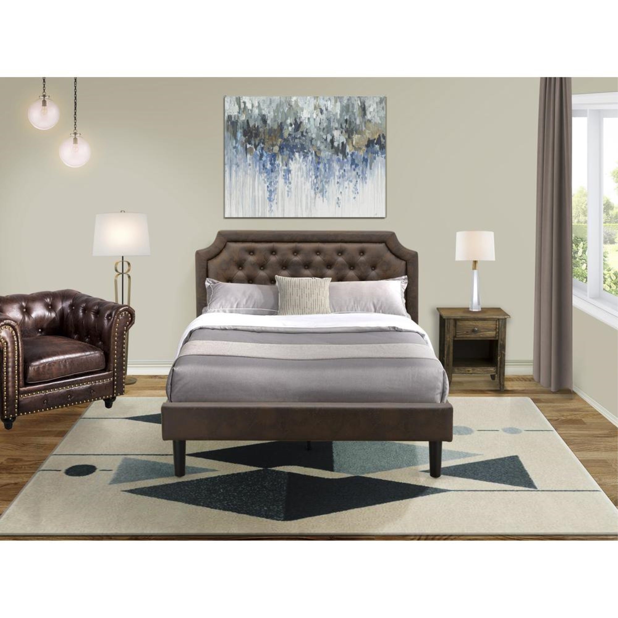 GB25Q-1GA07 2-Piece Wooden Set for Bedroom with Bed and 1 Distressed Jacobean Night Stand - Dark Brown Faux Leather and Black Legs
