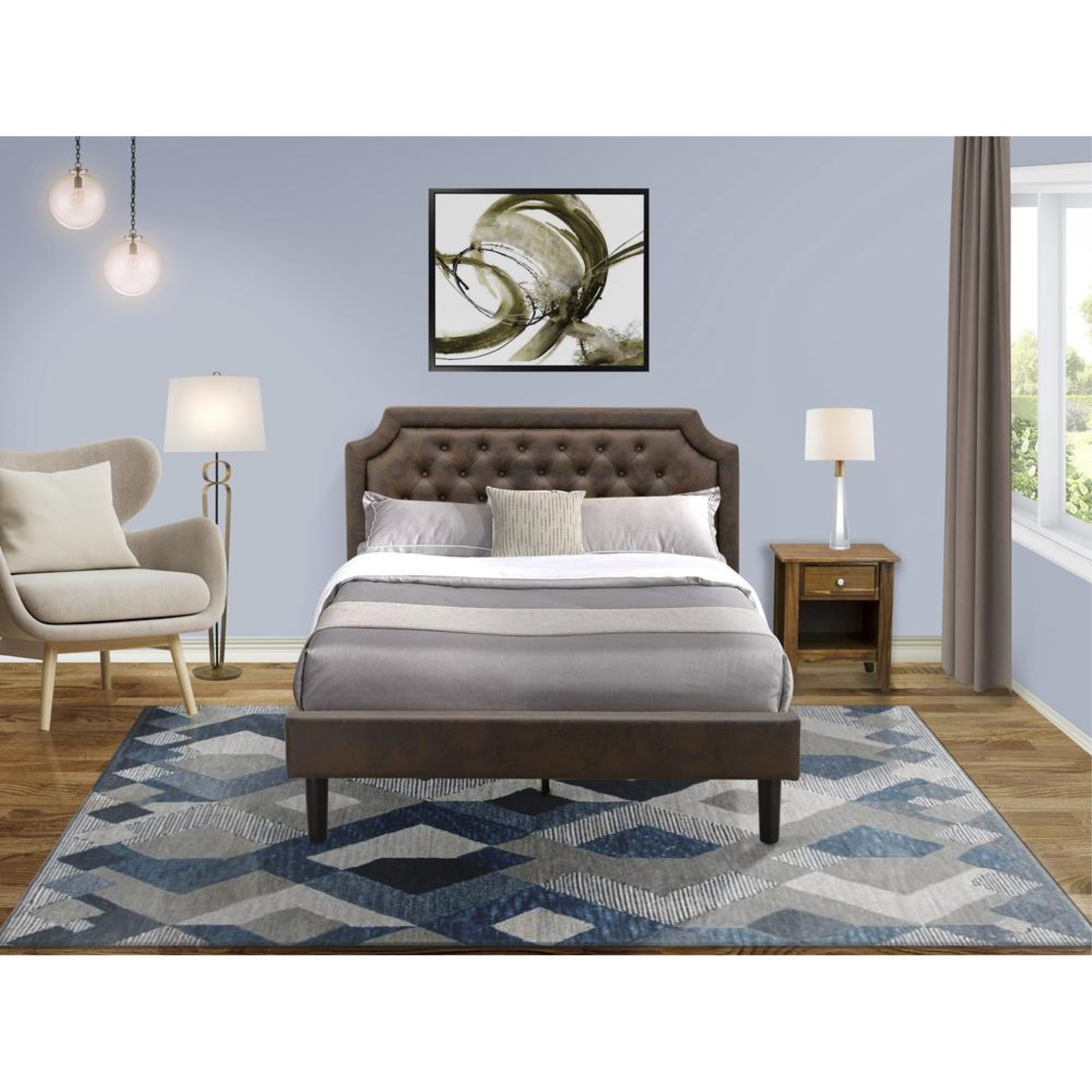 GB25Q-1GA08 2-Piece Bedroom Set with a Queen Bed and 1 Antique Walnut Modern Nightstand - Dark Brown Faux Leather and Black Legs