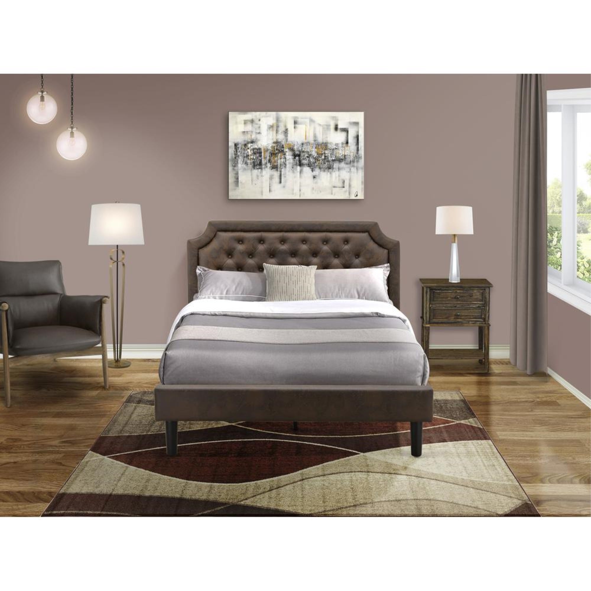 GB25Q-1VL07 2-Piece Granbury Bed Set with Queen Bed and Distressed Jacobean Night Stand - Dark Brown Faux Leather and Black Legs