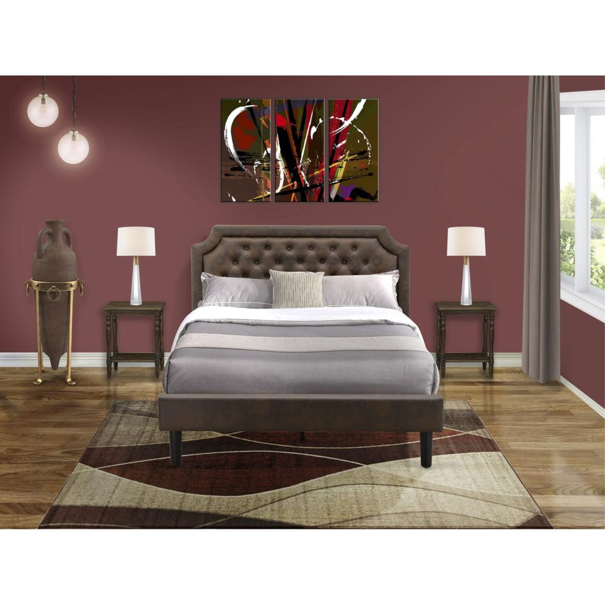 GB25Q-2BF07 3-Pc Bed Set with Frame and 2 Distressed Jacobean Mid Century Nightstands - Dark Brown Faux Leather and Black Legs