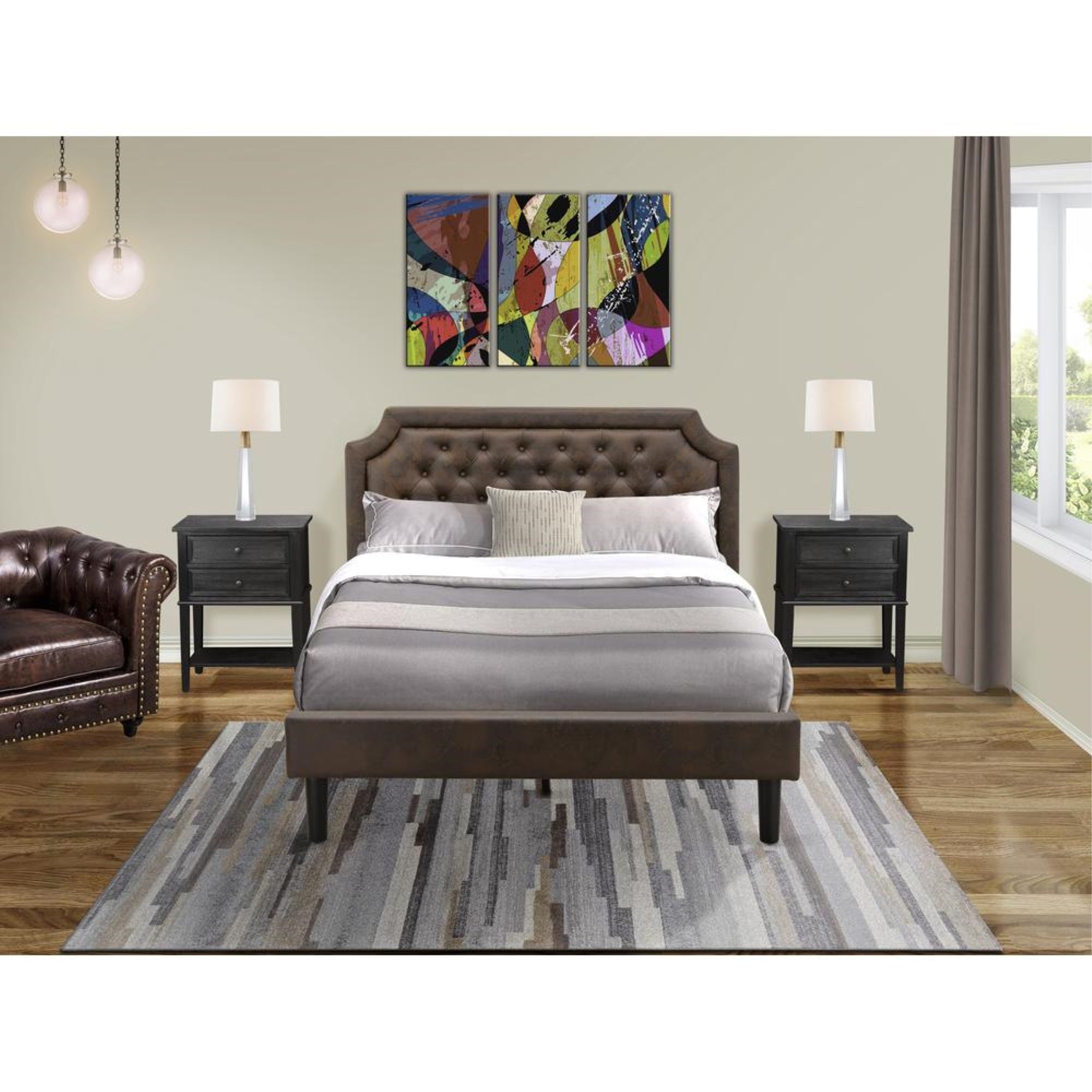 GB25Q-2VL06 3-Pc Bed Set with Frame and 2 Wire Brushed Black End Tables for bedroom - Dark Brown Faux Leather and Black Legs