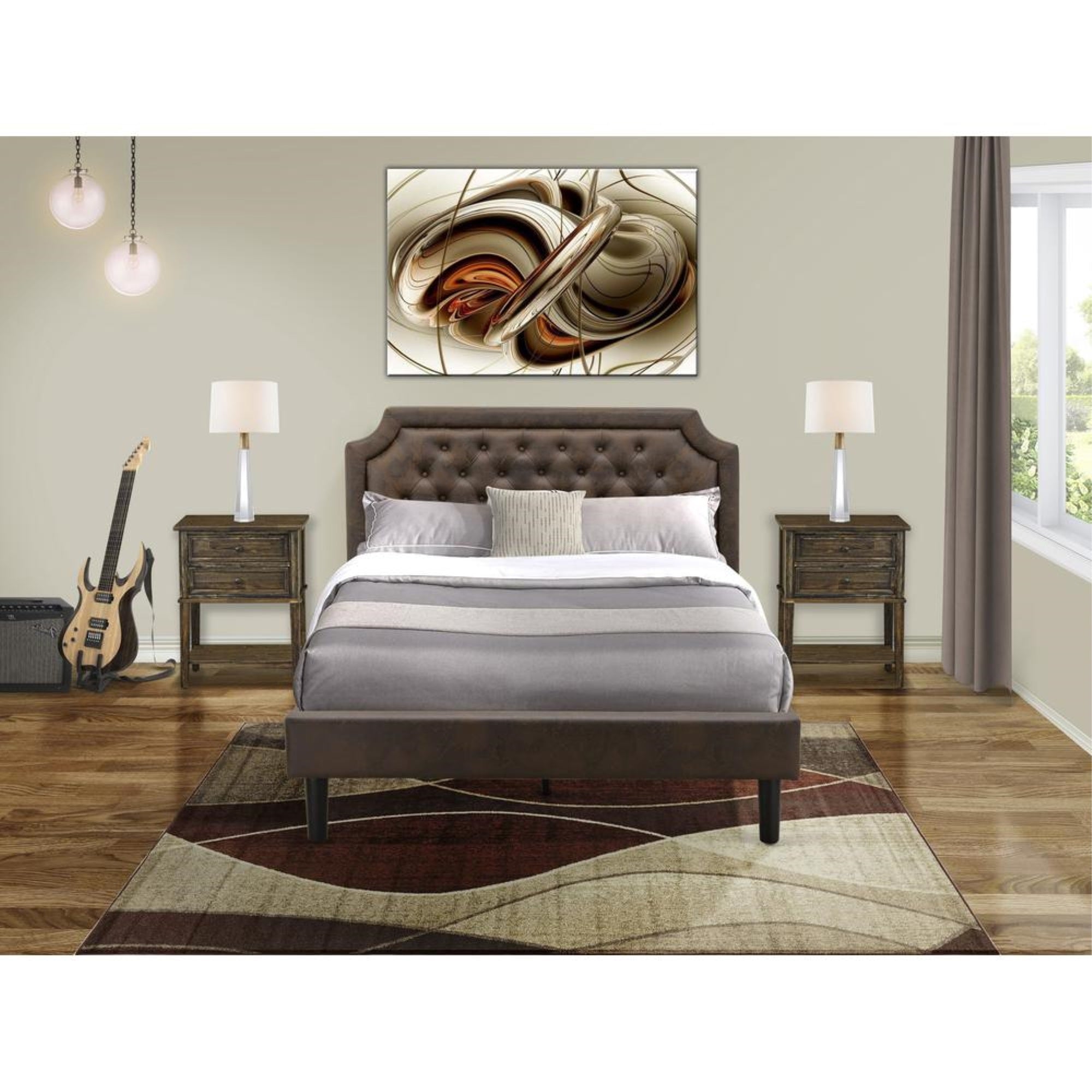 GB25Q-2VL07 3-Pc Bed Set with Queen Size Frame and 2 Distressed Jacobean Wood Nightstands - Dark Brown Faux Leather and Black Legs